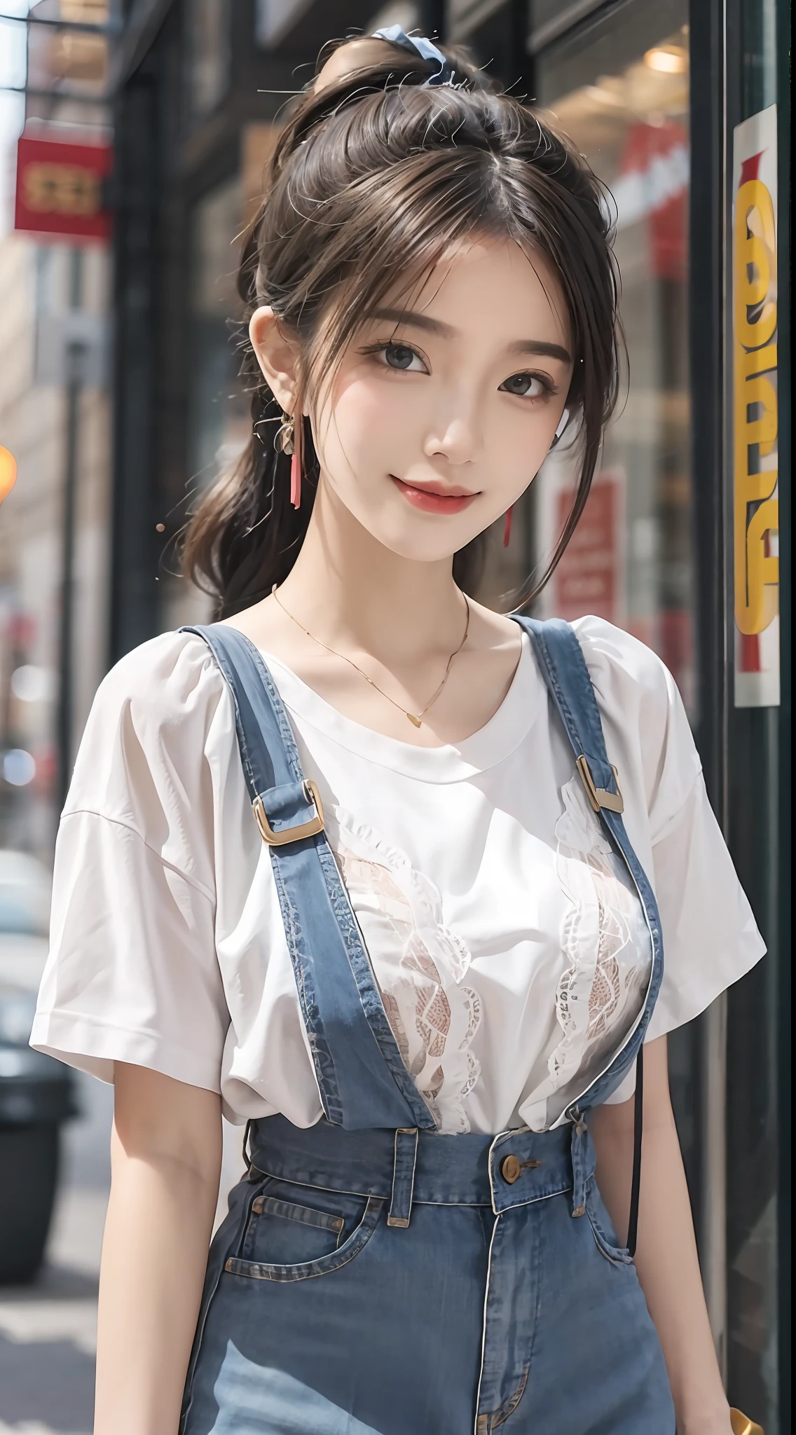(RAW photogr:1.2), (Photorealistic:1.4), 1girll, 26 years old,adolable，a baby face，The most beautiful girl,Goose egg face，Oval face，Fleshy on the face，Good facial features，Sweet smiling，The smile and the eyes are charming and attractive，Beautiful Meticulous Girl, very detailed eyes and faces, Beautiful detailed eyes, ultra - detailed, A high resolution, The is very detailed，best qualtiy，tmasterpiece，illustratio，The is very detailed，CG，unified，8K wallpapers，finely detailled，tmasterpiece，best qualtiy， Wallpapers，light in face，Movie lighting，nipple tops：White short-sleeved embroidered lace T-shirt，Breathable and lightweight，Add feminine femininity。
Manteau：Light yellow wide-leg cropped blazer，Finished with front buttons，Show youthful vitality。
skirt suit：Dark blue denim A-line skirt，Moderate length，Finished with a pleated design，Showcases vintage charm。
shoe：White flat canvas shoes，Comfortable and versatile，Add a sense of leisure。
Accessories：Brown woven vintage tote，Wear it with a red bow headband，Overall fresh and vintage。，（No leakage），with a well-proportioned body，（looking to the camera）,Black ponytail，hair flowing，（Slightly fat1.6），perfect body figure，Standing position，Medium view，The background is a beautiful view of random different scenes。