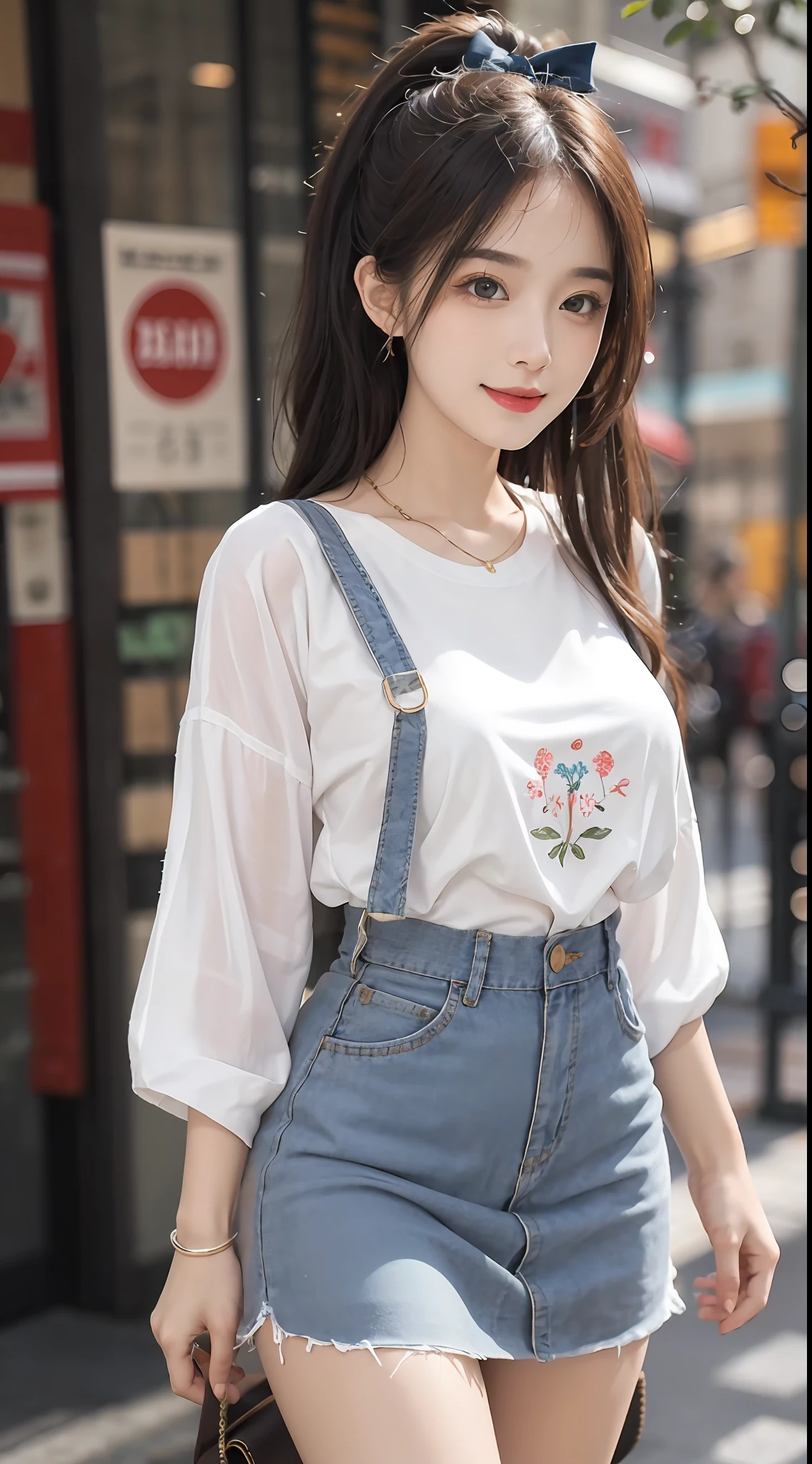 (RAW photogr:1.2), (Photorealistic:1.4), 1girll, 26 years old,adolable，a baby face，The most beautiful girl,Goose egg face，Oval face，Fleshy on the face，Good facial features，Sweet smiling，The smile and the eyes are charming and attractive，Beautiful Meticulous Girl, very detailed eyes and faces, Beautiful detailed eyes, ultra - detailed, A high resolution, The is very detailed，best qualtiy，tmasterpiece，illustratio，The is very detailed，CG，unified，8K wallpapers，finely detailled，tmasterpiece，best qualtiy， Wallpapers，light in face，Movie lighting，nipple tops：White short-sleeved embroidered lace T-shirt，Breathable and lightweight，Add feminine femininity。
Manteau：Light yellow wide-leg cropped blazer，Finished with front buttons，Show youthful vitality。
skirt suit：Dark blue denim A-line skirt，Moderate length，Finished with a pleated design，Showcases vintage charm。
shoe：White flat canvas shoes，Comfortable and versatile，Add a sense of leisure。
Accessories：Brown woven vintage tote，Wear it with a red bow headband，Overall fresh and vintage。，（No leakage），with a well-proportioned body，（looking to the camera）,Black ponytail，hair flowing，（Slightly fat1.6），perfect body figure，Standing position，Medium view，The background is a beautiful view of random different scenes。