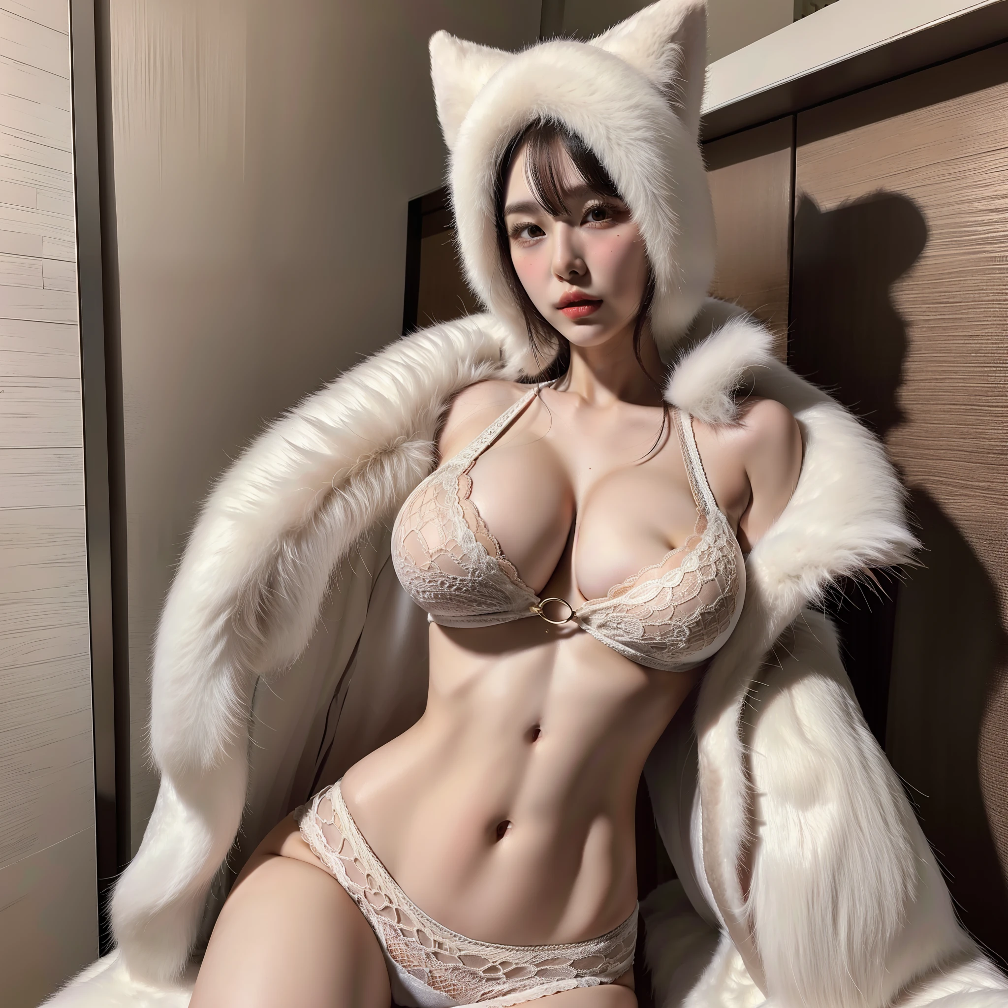 top-quality、Wear a white fur coat、Large fur coat、huge tit、abdominals