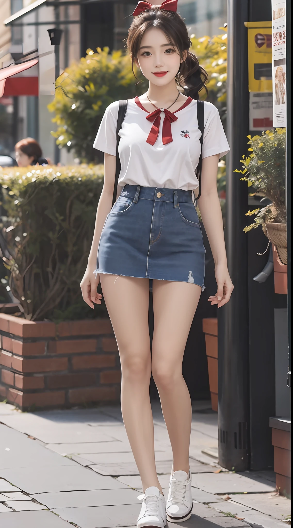 (RAW photogr:1.2), (Photorealistic:1.4), 1girll, 26 years old,adolable,a baby face,The most beautiful girl,Goose egg face,Oval face,Fleshy on the face,Good facial features,Sweet smiling,The smile and the eyes are charming and attractive,Beautiful Meticulous Girl, very detailed eyes and faces, Beautiful detailed eyes, ultra - detailed, A high resolution, The is very detailed,best qualtiy,tmasterpiece,illustratio,The is very detailed,CG,unified,8K wallpapers,finely detailled,tmasterpiece,best qualtiy, Wallpapers,light in face,Movie lighting,nipple tops:White short-sleeved embroidered lace T-shirt,Breathable and lightweight,Add feminine femininity。
Manteau:Light yellow wide-leg cropped blazer,Finished with front buttons,Show youthful vitality。
skirt suit:Dark blue denim A-line skirt,Moderate length,Finished with a pleated design,Showcases vintage charm。
shoe:White flat canvas shoes,Comfortable and versatile,Add a sense of leisure。
Accessories:Brown woven vintage tote,Wear it with a red bow headband,Overall fresh and vintage。,(No leakage),with a well-proportioned body,(looking to the camera),Black ponytail,hair flowing,(Slightly fat1.6),perfect body figure,Standing position,Medium view,The background is a beautiful view of random different scenes。