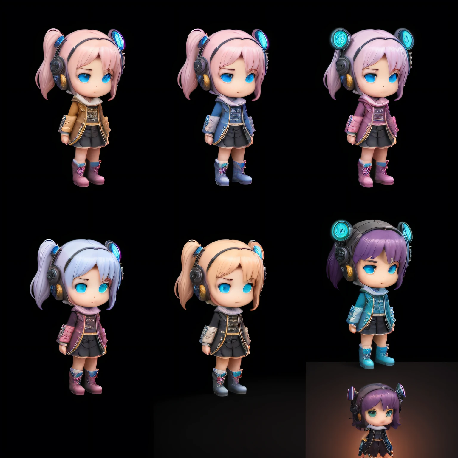 Blind box type  girl IP image design，Shy face，Zhuang costumes，tchibi，Martin boots，full body shot of，Three views of cartoon characters，enerate three views，namely the frontview，namely the frontview，side and back view，maintainingconsistency and unity，cyber punk perssonage，popmart，clean backdrop，natural  lightting，8K，best qualtiy，Ultra-detailed skin，C4D，Blander，OC renderer，hyper HD， --auto