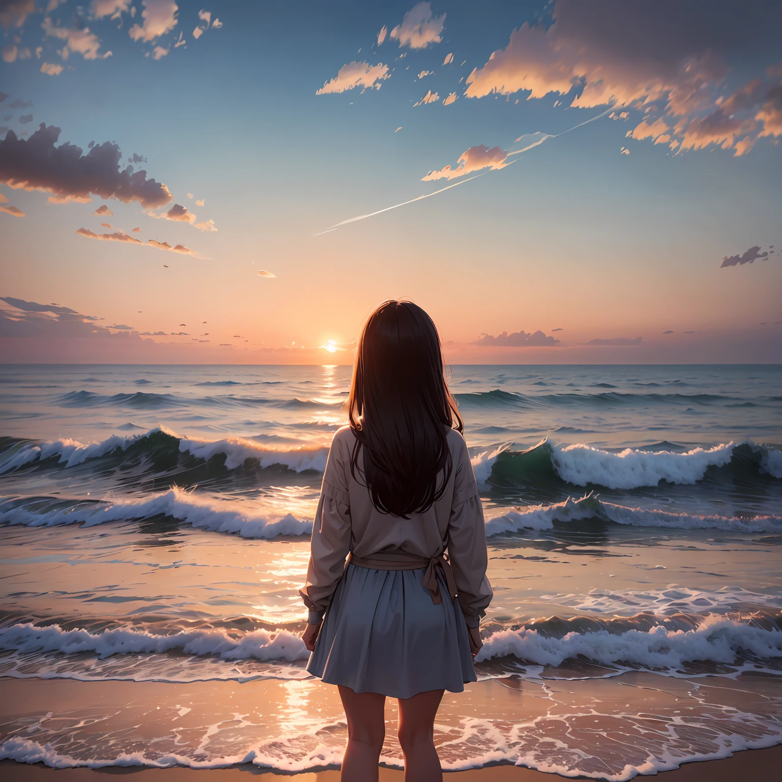 female high-school student,beachside,setting sun,Gorgeous Hair in Long Purple,Black shirt,Black shorts,White sneakers,standing on your feet,beckon,anime big breast --auto