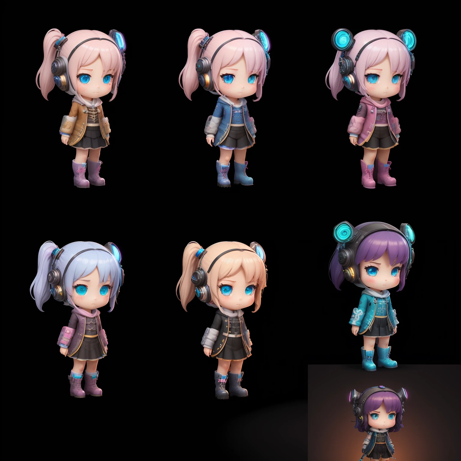 Blind box type little girl IP image design，Shy face，Zhuang costumes，tchibi，Martin boots，full body shot of，Three views of cartoon characters，enerate three views，namely the frontview，namely the frontview，side and back view，maintainingconsistency and unity，cyber punk perssonage，popmart，clean backdrop，natural  lightting，8K，best qualtiy，Ultra-detailed skin，C4D，Blander，OC renderer，hyper HD， --auto