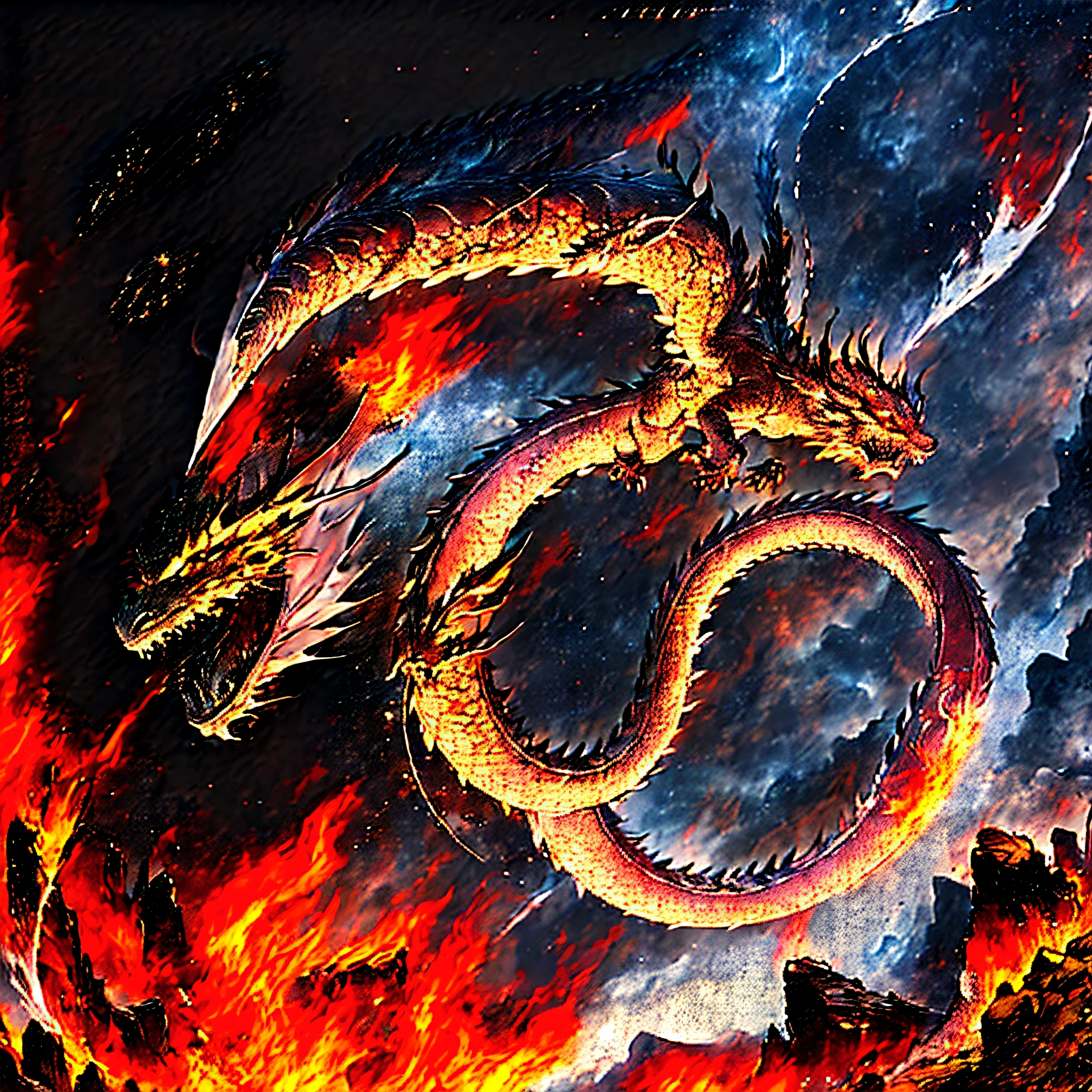 there is a dragon that is flying in the air, fire flaming dragon serpent, big red dragon flying above them, Fire Dragon, chinese dragon concept art, colossal dragon as background, epic dragon, dragons flying in the sky, fire flaming serpent, chinese dragons fighting, ''dragon breathing fire, Dragon Art, dragons flying around, oil painting of dragon, dragon breathing fire, Dragons