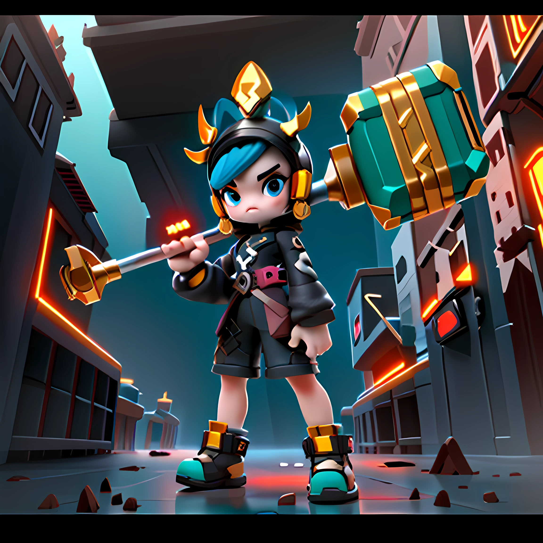 Cartoon style, The girl's superpower, Handheld mechanical hammer, full-length picture, Fashionable clothing, Game character design, Colorful, Armageddon theme, metal decoration, FLS, illusory engine, Cinematic lighting