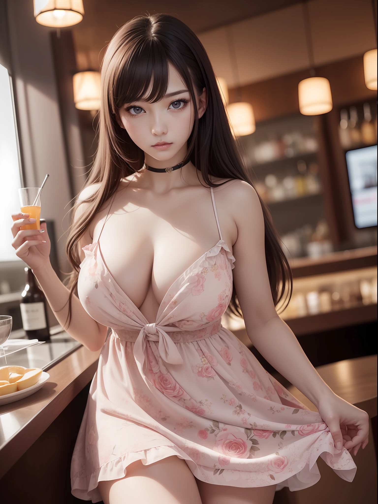 masuter piece, best qualtiy, (((realisitic, Photorealsitic:1.37))), ((Solo)), 8K image quality, Extremely delicate and beautiful, splendid, Official art with attention to detail, Ridiculous, Unbelievably ridiculous, huge filesize, ultra-detailliert, ighly detailed, (Beautuful Women), (detailed woman), extremely detailed eye and face, Beautiful detailed eyes, Light makeup, (Perfect female figure), (Korean beauty), ((fullllbody)), With bangs, (((Floral dress))), ((irate)) , ((cold stare)), ((Kamimei)), Dim bar counter,