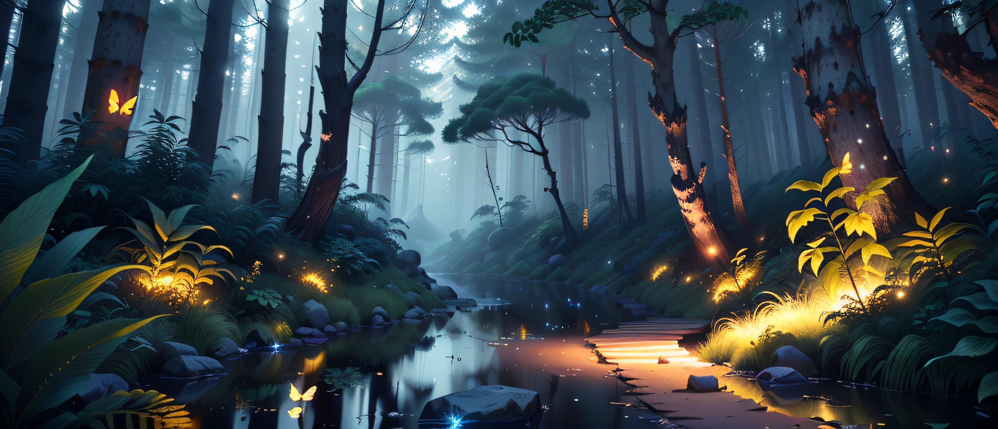 Masterpiece, best quality, (highly detailed CG unity 8k wallpapers), (best quality), (best illustrations), (best shadows), forest theme with natural elements. Tall trees, quiet streams, small glowing mushrooms surrounded by delicate leaves and branches, with fireflies and glowing particle effects,, (natural elements), (jungle theme), (leaves), (twigs), (fireflies), butterflies, (delicate leaves), (glow), (particle effects). , Isometric 3D, Octane Rendering, Ray Traced, Super Detailed