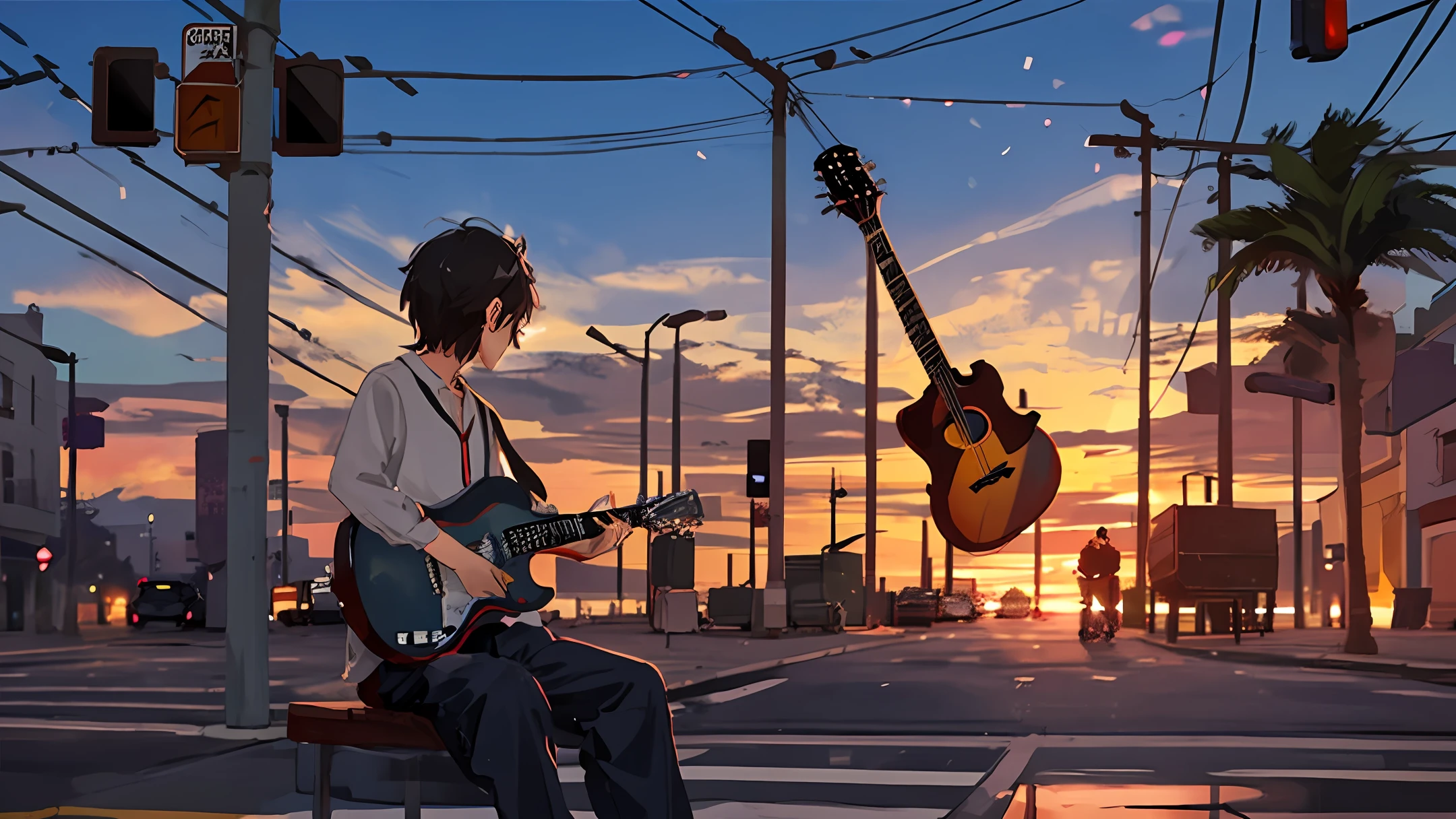 In the street under sunset there is a quiet boy playing guitar