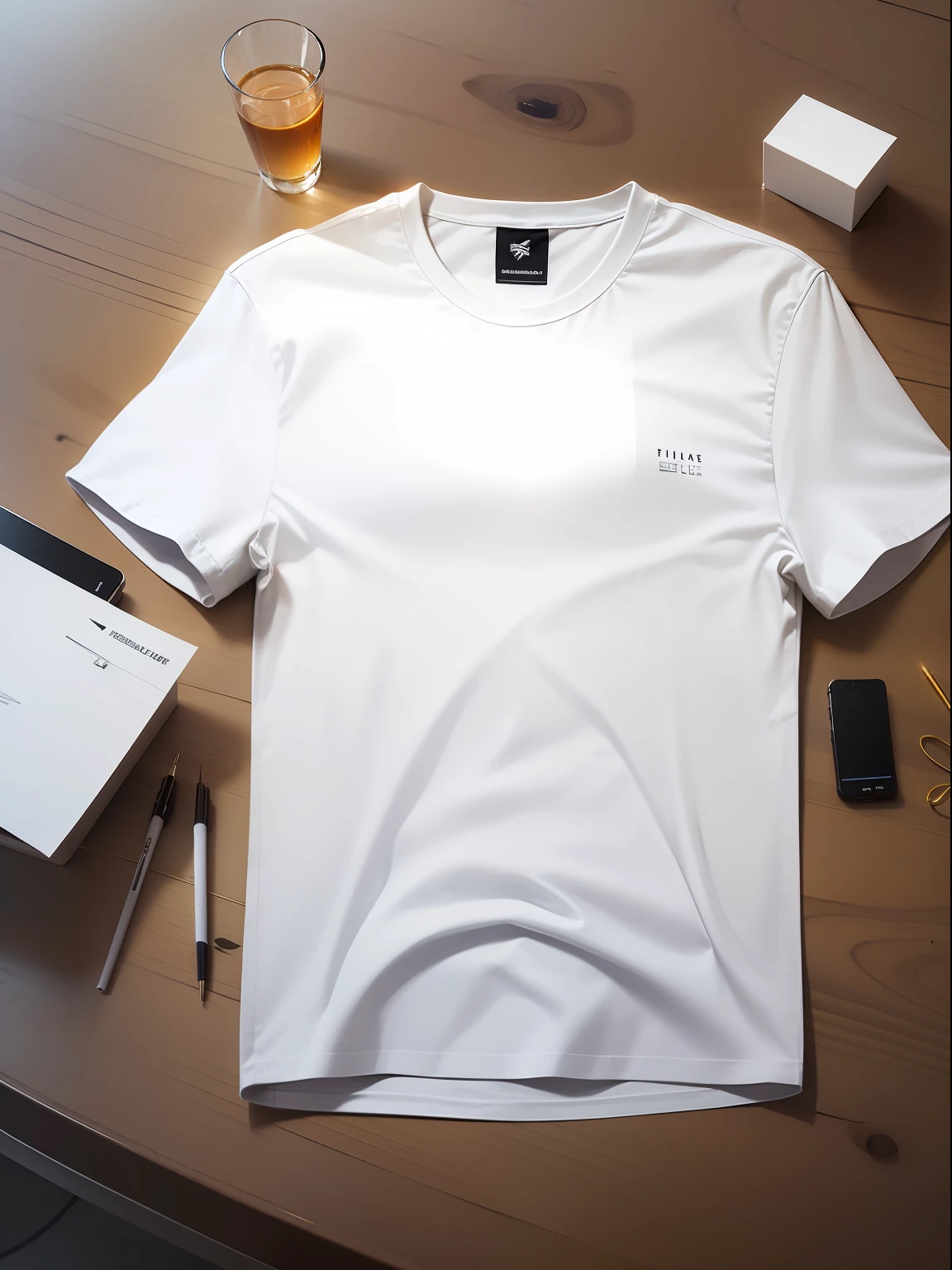 (high quality mockup photo),white t-shirt on table,perfectly fitted,(showcasing the clean lines of the shirt),(subtle shadow and highlight),idea board inspiration,innovative look, modern minimalist fashion.