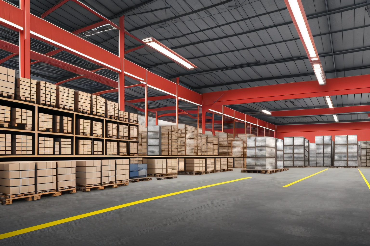 There is a large warehouse with a lot of boxes and boxes on the floor, [[Empty warehouse]] Background, factory background, Gray warehouse background, Empty warehouse background, background artwork, workshop background, Dirty street background, Dusty environment, game environment, warehouse, Post-apocalyptic factories, random background scene, Abandoned warehouse, Matte background. Unreal Engine, Background art