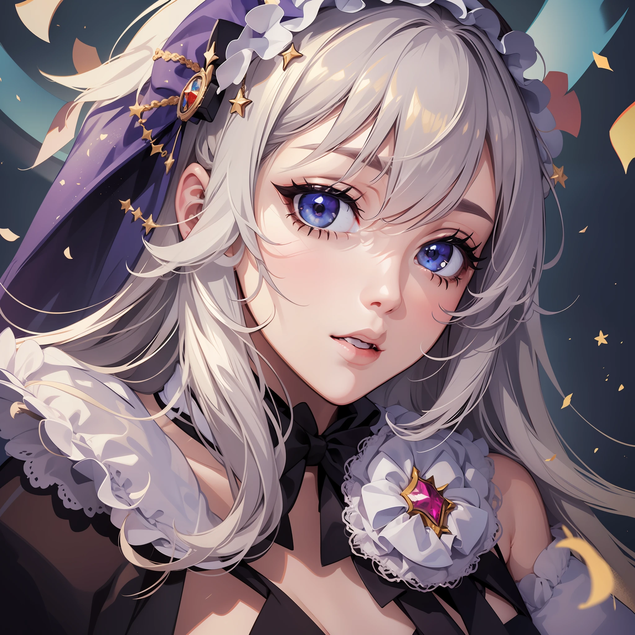 1girl, white hair, multicolored hair, purple eyes, mask on head, sidelighting, light particles, wallpaper,