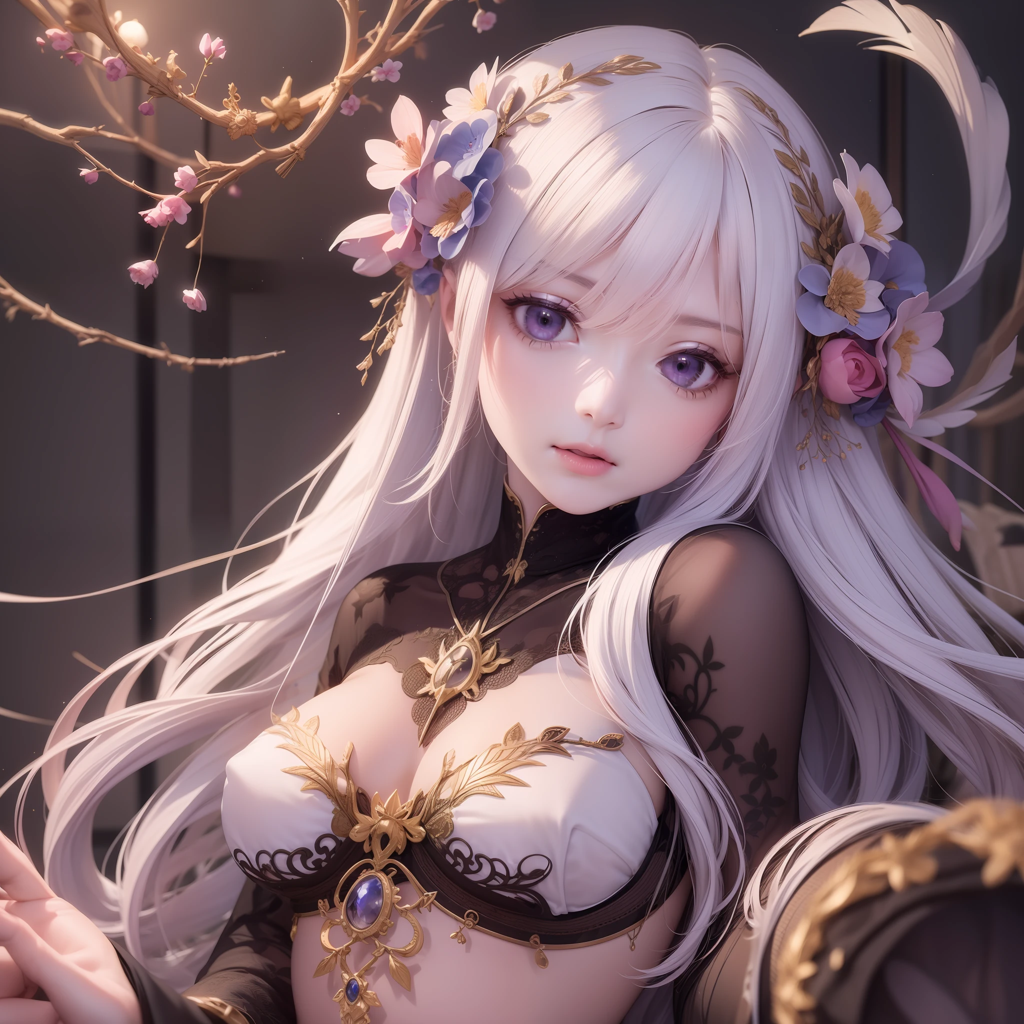 1girl, white hair, multicolored hair, purple eyes, mask on head, sidelighting, light particles, wallpaper,