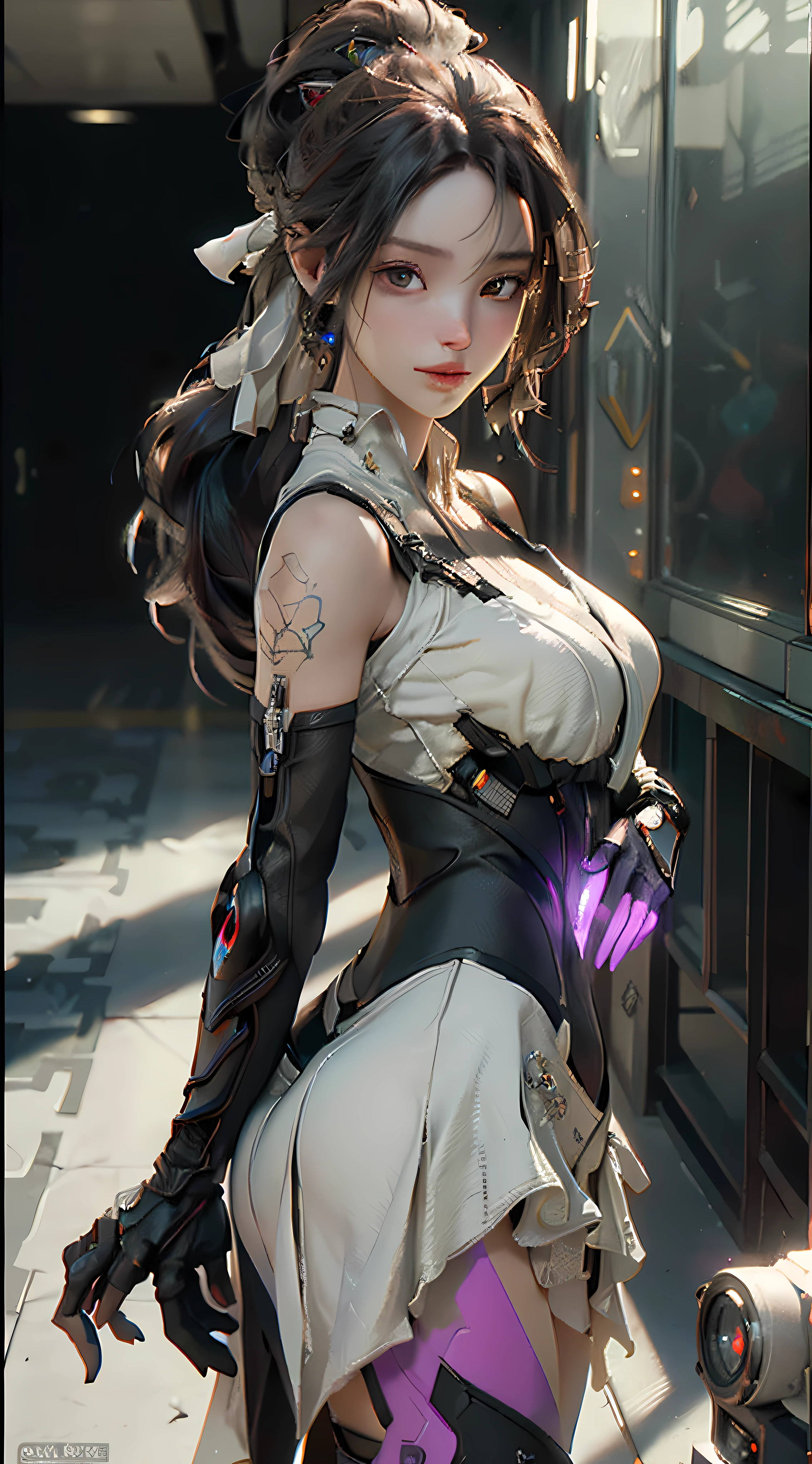 ((Best quality)), ((masterpiece)), (detailed:1.4), 3D, an image of a beautiful cyberpunk female,HDR (High Dynamic Range),Ray Tracing,NVIDIA RTX,Super-Resolution,Unreal 5,Subsurface scattering,PBR Texturing,Post-processing,Anisotropic Filtering,Depth-of-field,Maximum clarity and sharpness,Multi-layered textures,Albedo and Specular maps,Surface shading,Accurate simulation of light-material interaction,Perfect proportions,Octane Render,Two-tone lighting,Wide aperture,Low ISO,White balance,Rule of thirds,8K RAW,