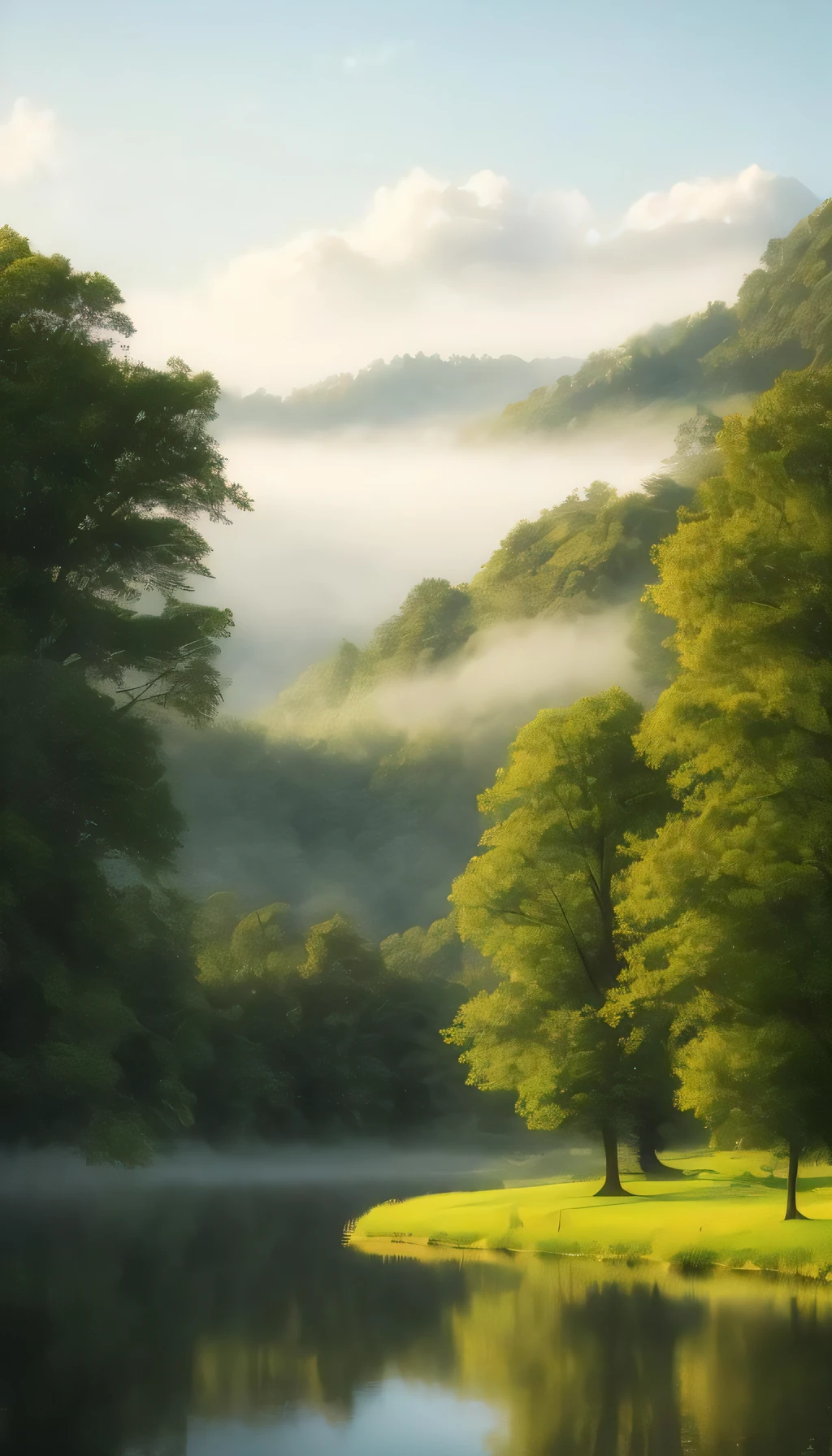 A tranquil and peaceful scene, featuring a serene lake nestled among rolling hills and surrounded by a verdant forest, with a misty morning fog that adds an air of mystery and enchantment, artstation, digital art, intricate, trending, muted colors