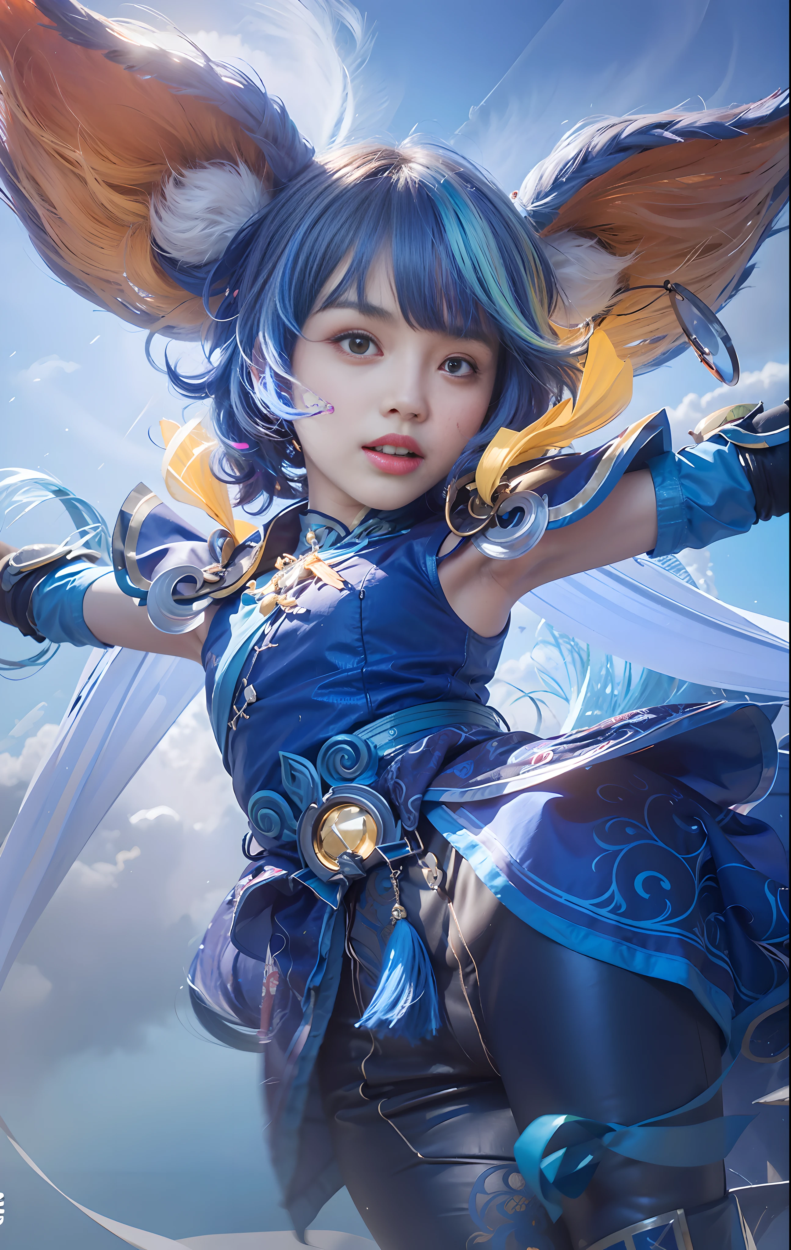 (female:1.2), 8k, ultra hd, ultra detailed texture, hyper realistic, masterpiece, detailed texture, detailed face, detailed skin, detailed lighting, (photorealistic:1.5), best quality, beautiful lighting, cinematic lighting, professional lighting, ultra highres, realistic, detailed hair, real hair, high quality, (realskin:1.5), extremely detailed, finely detail, ultra-detailed, 1girl, , loli, solo,ating, flying, animal ears, fox ears, (yellow eyes), wide eyes, lips, pink lips, little nose, parted lips, open mouth, smile, make up, pretty, beautiful, cute face, short hair, blue hair, curly hair, multicolored hair, bangs, small breasts, armpit, blue dress, skirt, blue pants, bare shoulder, shoulder armor, Chinese dress, elbow gloves, sleeveless, nana \(mobile legends\), outstretched arms, fox tail, tail raised, looking aways, white skin, skin tight, outdoors, from below, blue sky fantasy, blurry background