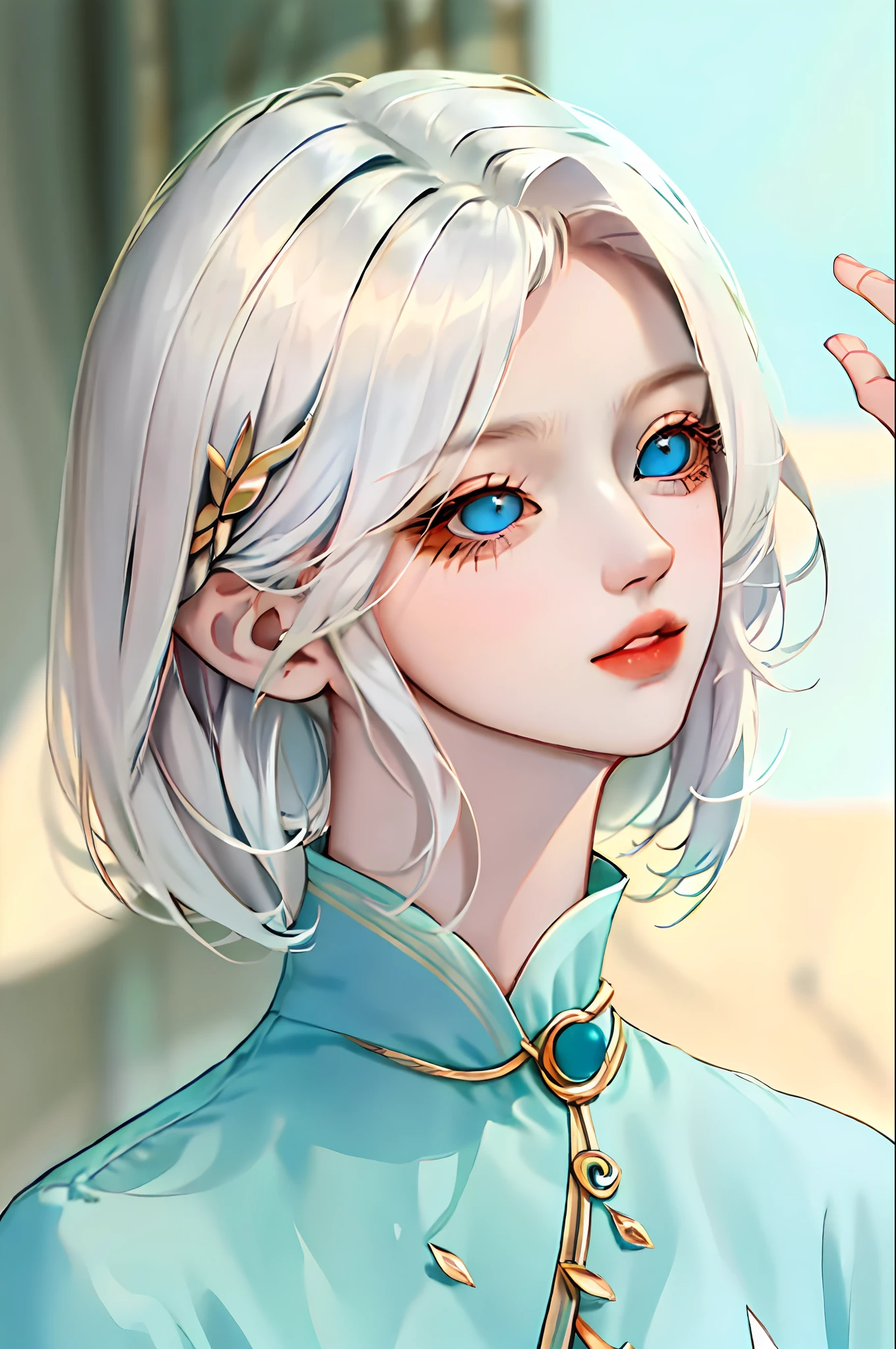 1boy ,short detailed hair, whaite hair, eBlue eyes, A beautiful face,Shota,younge boy,Cold eyes,irrationality,The lips are light in color, A little tender red,A pair of blue eyes as clear as jade,He is like an angel who has fallen into the mortal world。