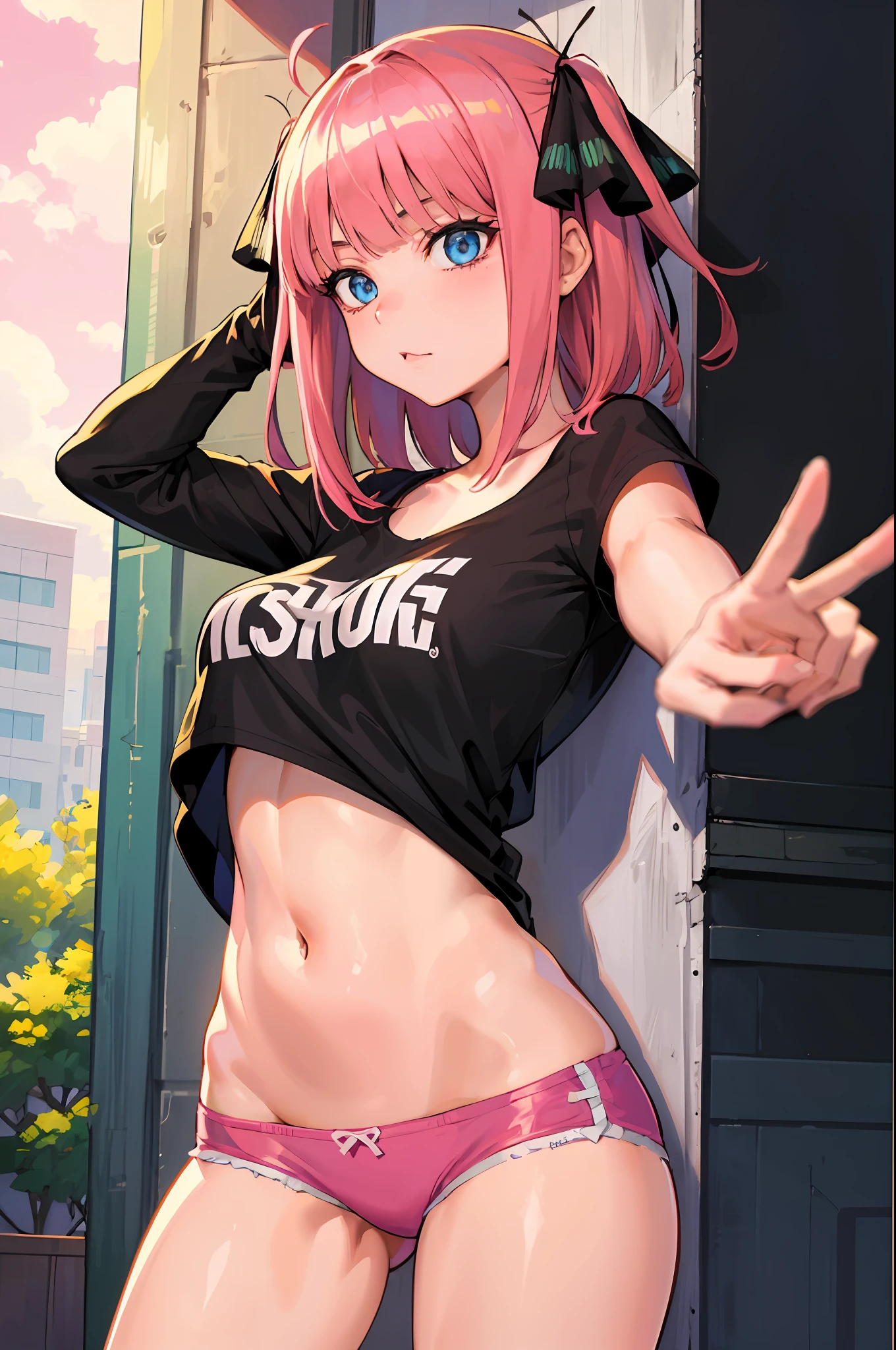 arafed asian woman with pink hair posing in a black top, anime girl in real life, cute girl with short pink hair, seductive anime girl, amouranth, smooth pink skin, with pink hair, some pink, 2 4 year old female model, attractive pose, ig model | artgerm, korean girl, pink body, nakano Nino