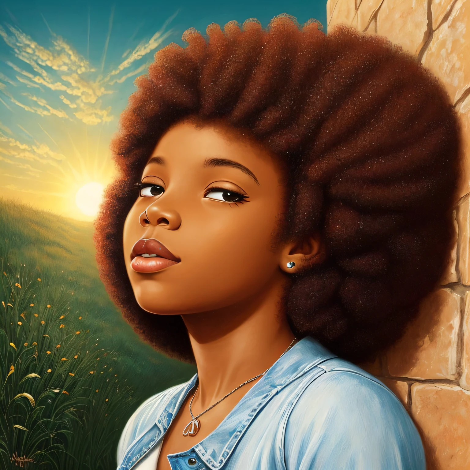 there is a woman with a very large afro standing in front of a wall, with afro, curly afro, red afro, afro hair, natural hair, big afro, big red afro, long afro hair, afro, intense sunlight, with the sun shining on it, giant afro!, vibrant hues, light skinned african young girl, in style of jean-baptist Monge, mark ryden --auto