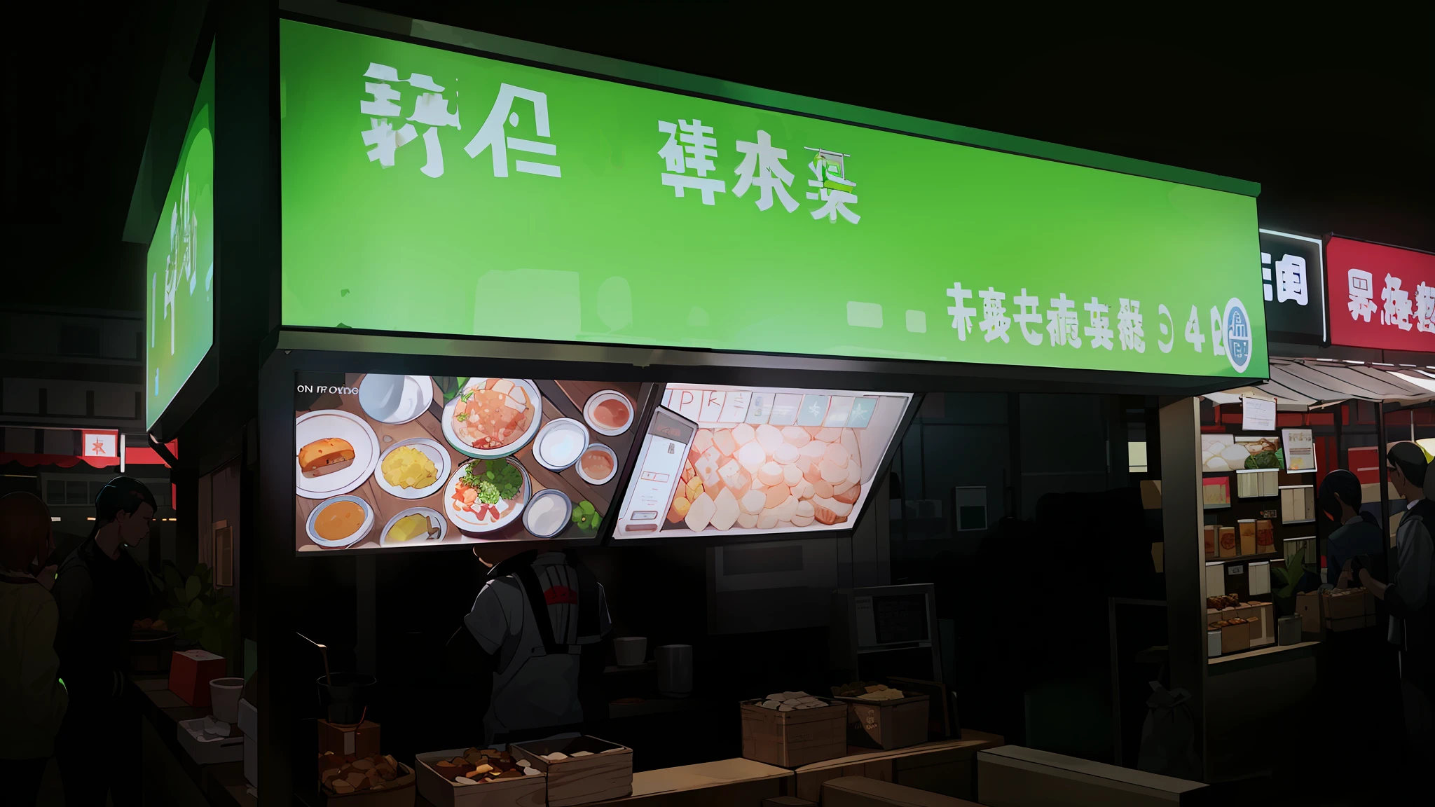 There is a green sign，It is written in a foreign language about the sugar water shop, food advertisement, food stall, Ready to eat, qiangshu, Digital display, food commercial 4 k,