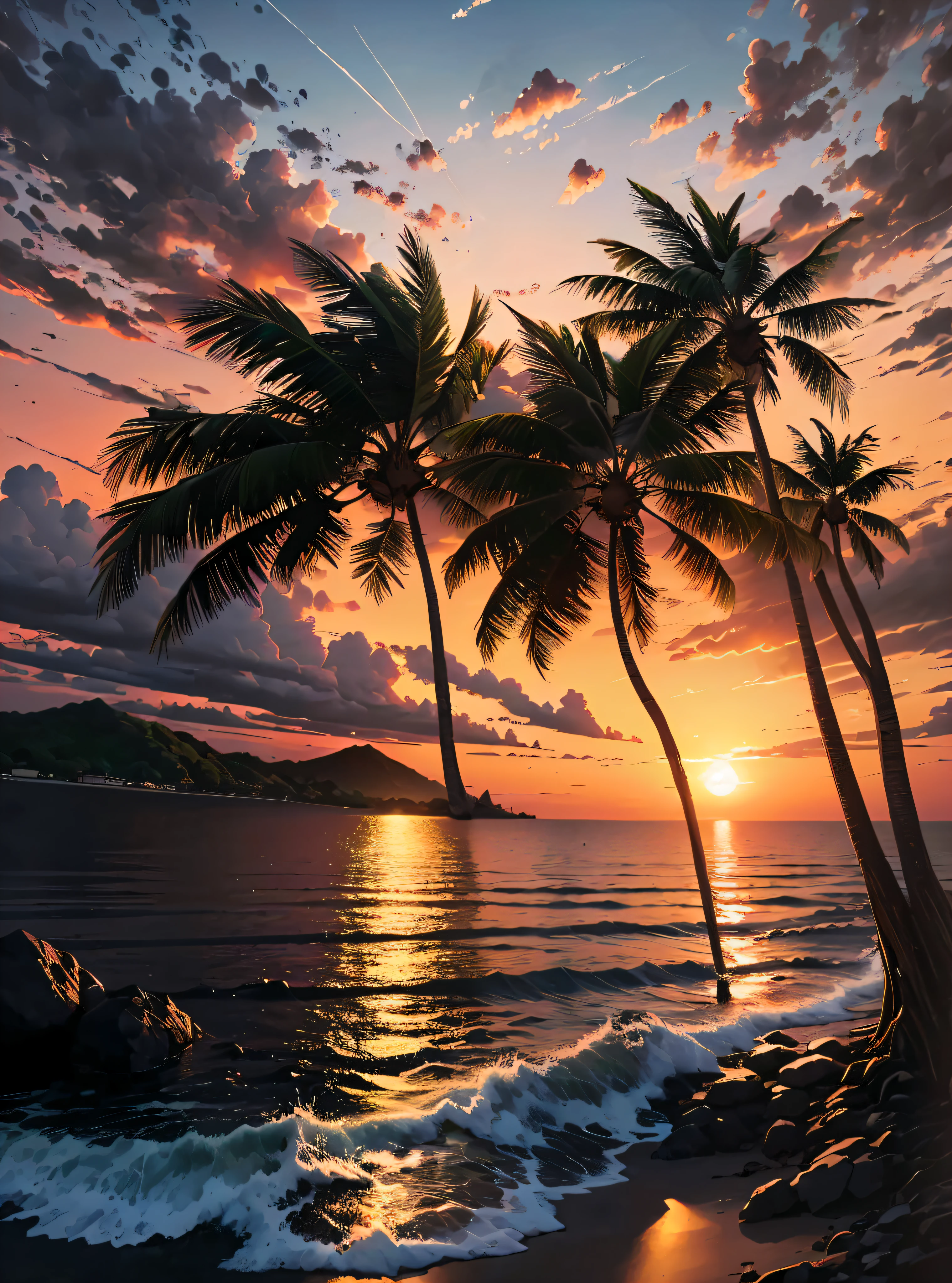 (late sunset+Beach view+warm light+Name of the attraction:bali+palmeiras(James Gurney)+raw natural beauty:1.2),(Detail portrayal+The level of fineness that people can touch),(Fine drawing+author:David Matte),(Beautiful sunset+View of the beach at sunset) --auto