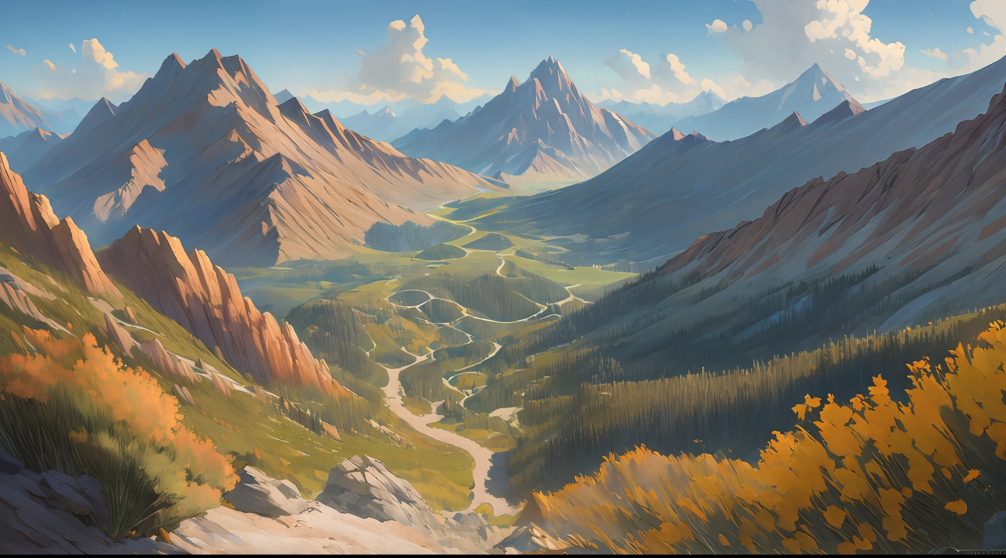 (Best Quality),(Masterpiece),(Ultra Detailed),(higly detailed),(Extremely detailed),Anime landscape in the mountains, Moebius and Charlie Bower, Trending on ArtStation, cgsociety, Fantasy, Detailed, 8K, octans