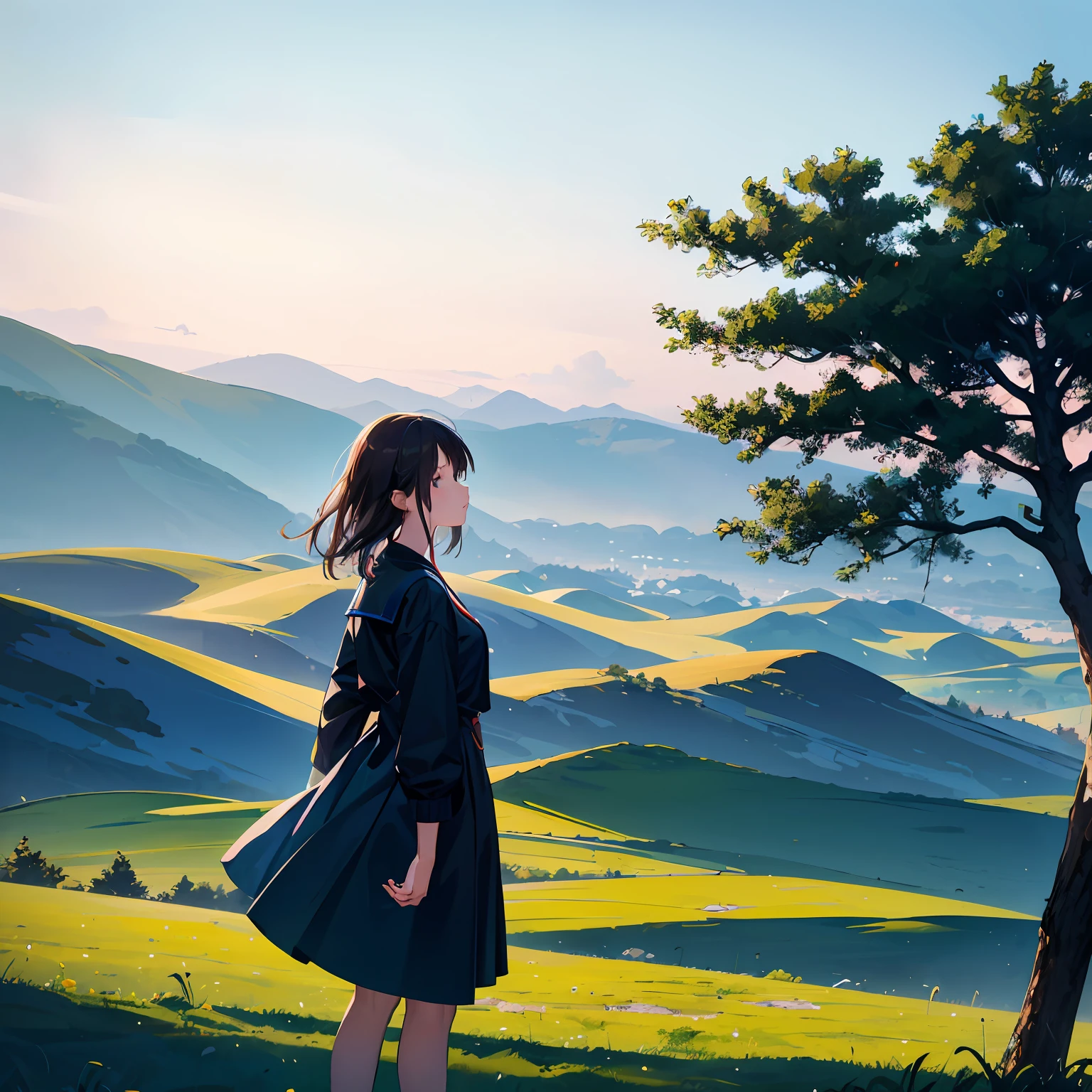 wheat field, Japanese high school girl standing in a wheat field, stocklings,eye glass,play,Large clouds, Blue sky, ricefield, Neat rice seedlings in the field, forest, hillside, secluded, rural, high definition detail, Hyper-detailing, Cinematic, surrealism, Soft light, Deep field focus bokeh, Ray tracing and surrealism. --auto --v6