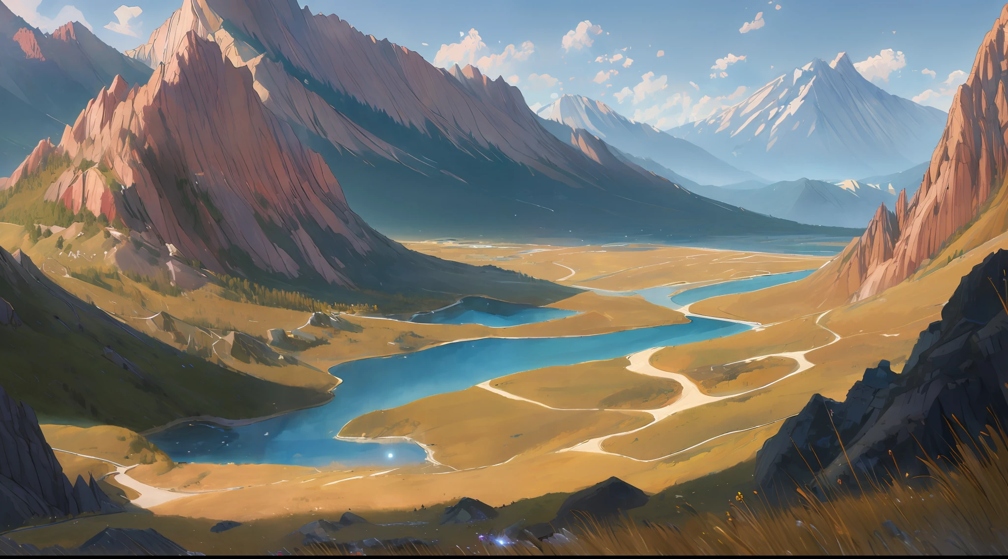 (Best Quality),(Masterpiece),(Ultra Detailed),(higly detailed),(Extremely detailed),Anime landscape in the mountains, Moebius and Charlie Bower, Trending on ArtStation, cgsociety, Fantasy, Detailed, 8K, octans