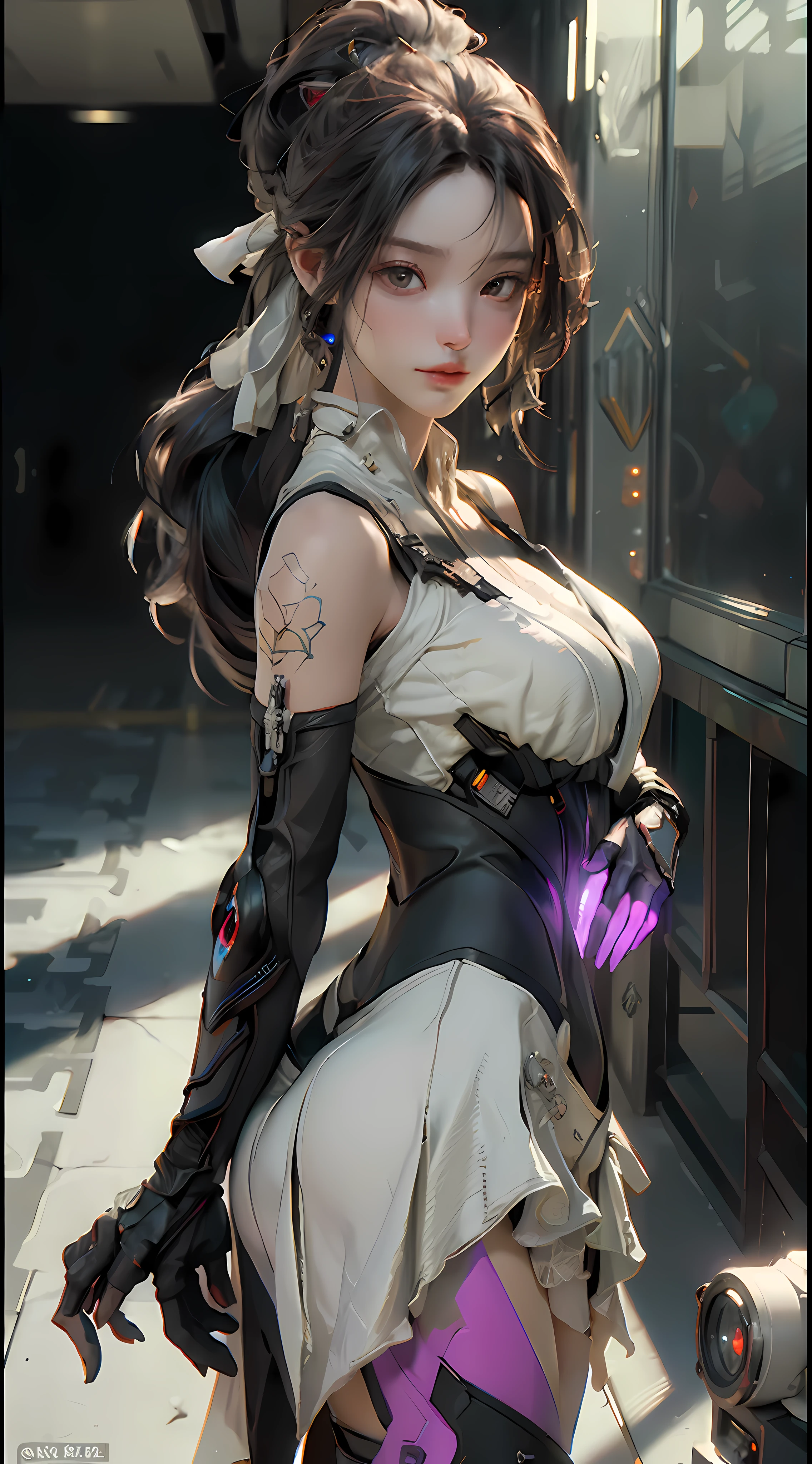 ((Best quality)), ((masterpiece)), (detailed:1.4), 3D, an image of a beautiful cyberpunk female,HDR (High Dynamic Range),Ray Tracing,NVIDIA RTX,Super-Resolution,Unreal 5,Subsurface scattering,PBR Texturing,Post-processing,Anisotropic Filtering,Depth-of-field,Maximum clarity and sharpness,Multi-layered textures,Albedo and Specular maps,Surface shading,Accurate simulation of light-material interaction,Perfect proportions,Octane Render,Two-tone lighting,Wide aperture,Low ISO,White balance,Rule of thirds,8K RAW,