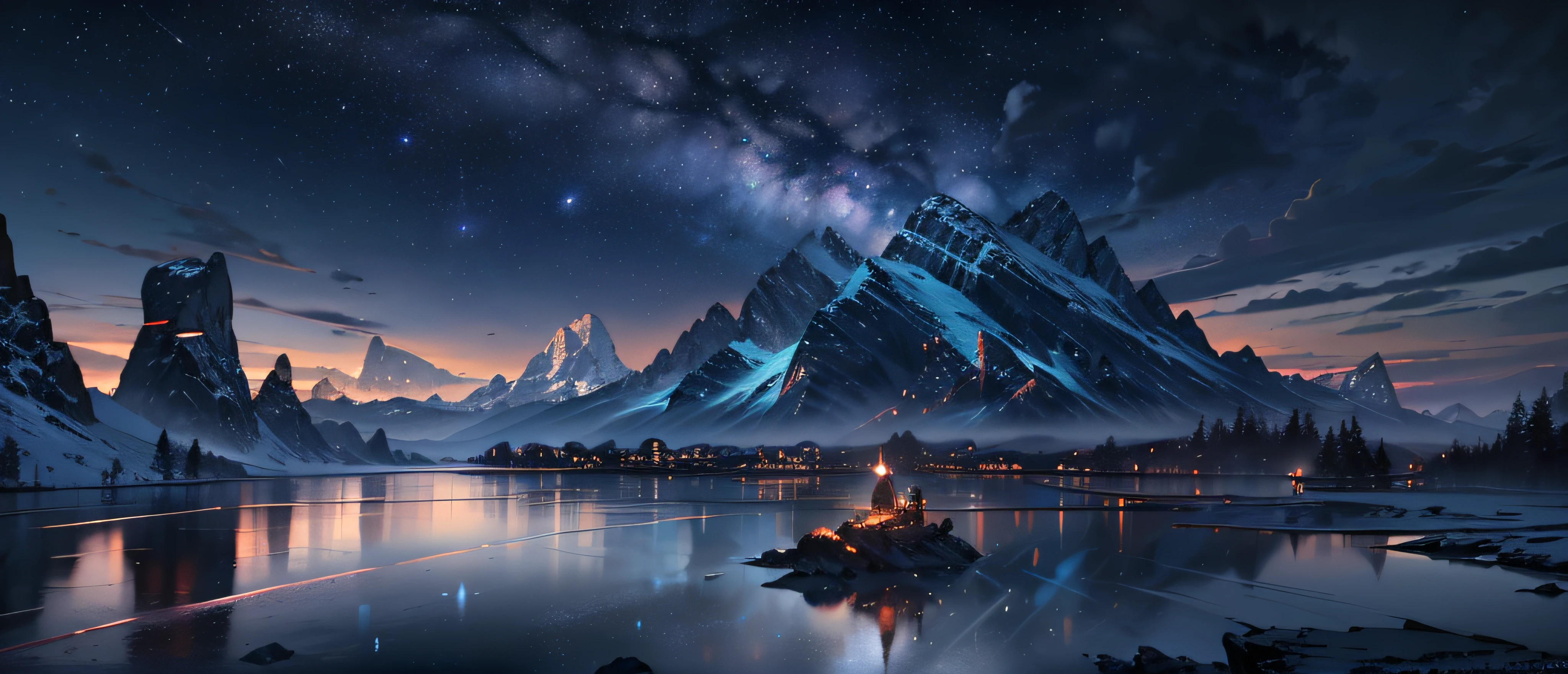 starry night sky with stars and mountains reflected in a lake, 4k highly detailed digital art, 8k stunning artwork, 4k detailed digital art, 8k high quality detailed art, dan mumford and albert bierstadt, epic fantasy sci fi illustration, anton fadeev and dan mumford, sci-fi fantasy wallpaper, impressive fantasy landscape, 8k hd wallpaper digital art --auto --s2