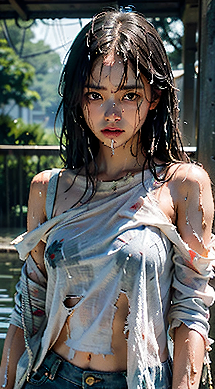 Best picture quality, masterpiece, ultra high resolution, (fidelity :1.4), photo, 1 girl,[(sadness)],white shirt, Dim, dark, desperate, pitying, pitiful, cinematic,tear,teardrop,(Torn clothes:1.5), (Wet clothes:1.4), bare shoulders,Real rain,wet hair,..