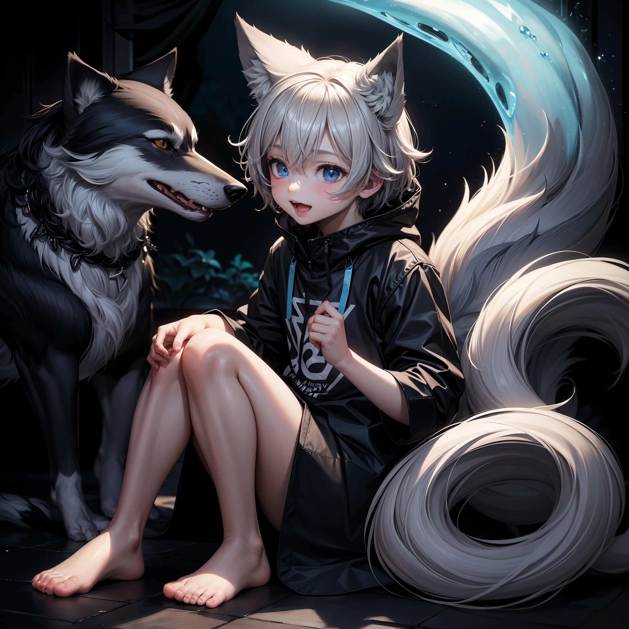 (1boy), (Shota), (HD quality, masterpiece level), cute character, dark gray hair, blue eyes, (wolf ears), (wolf tail), one tail, (no ears), litt, (ears covered), (hair covered ears), a pinch of blue bangs, full body picture, chubby face, happy, cute feet, cute face, solo, --auto