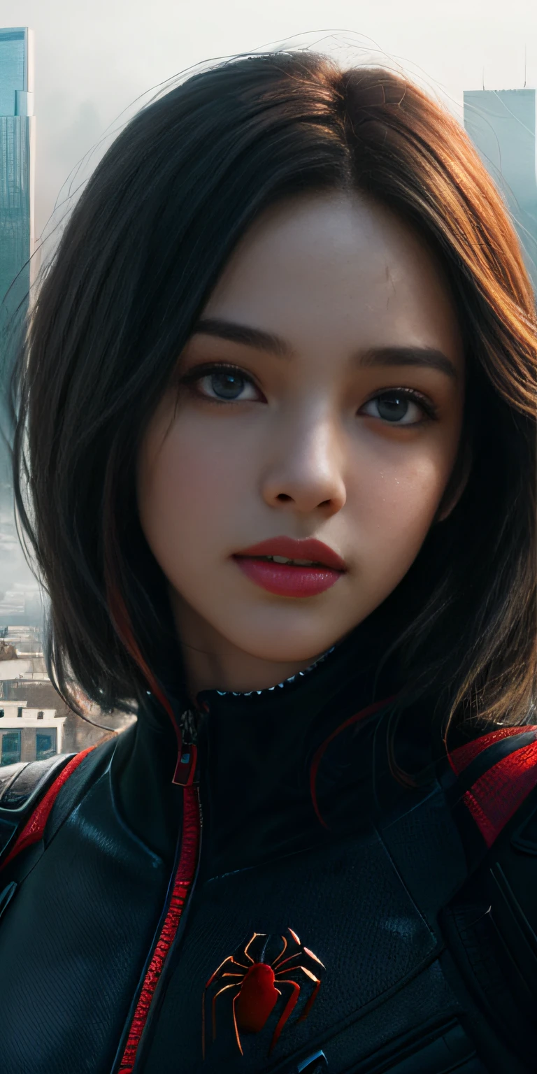 (1girl:1.3), Solo, (((Very detailed face)))), ((Very detailed eyes and face)))), Beautiful detail eyes, Body parts__, Official art, Unified 8k wallpaper, Super detailed, beautiful and beautiful, beautiful, masterpiece, best quality, original, masterpiece, super fine photo, best quality, super high resolution, realistic realism, sunlight, full body portrait, amazing beauty, dynamic pose, delicate face, vibrant eyes, (from the front), She wears Spider-Man suit, red and black color scheme, spider, very detailed city roof background, rooftop, overlooking the city, detailed face, detailed complex busy background, messy, gorgeous, milky white, highly detailed skin, realistic skin details, visible pores, clear focus, volumetric fog, 8k uhd, DSLR, high quality, film grain, fair skin, photo realism, lomography, futuristic dystopian megalopolis, translucent