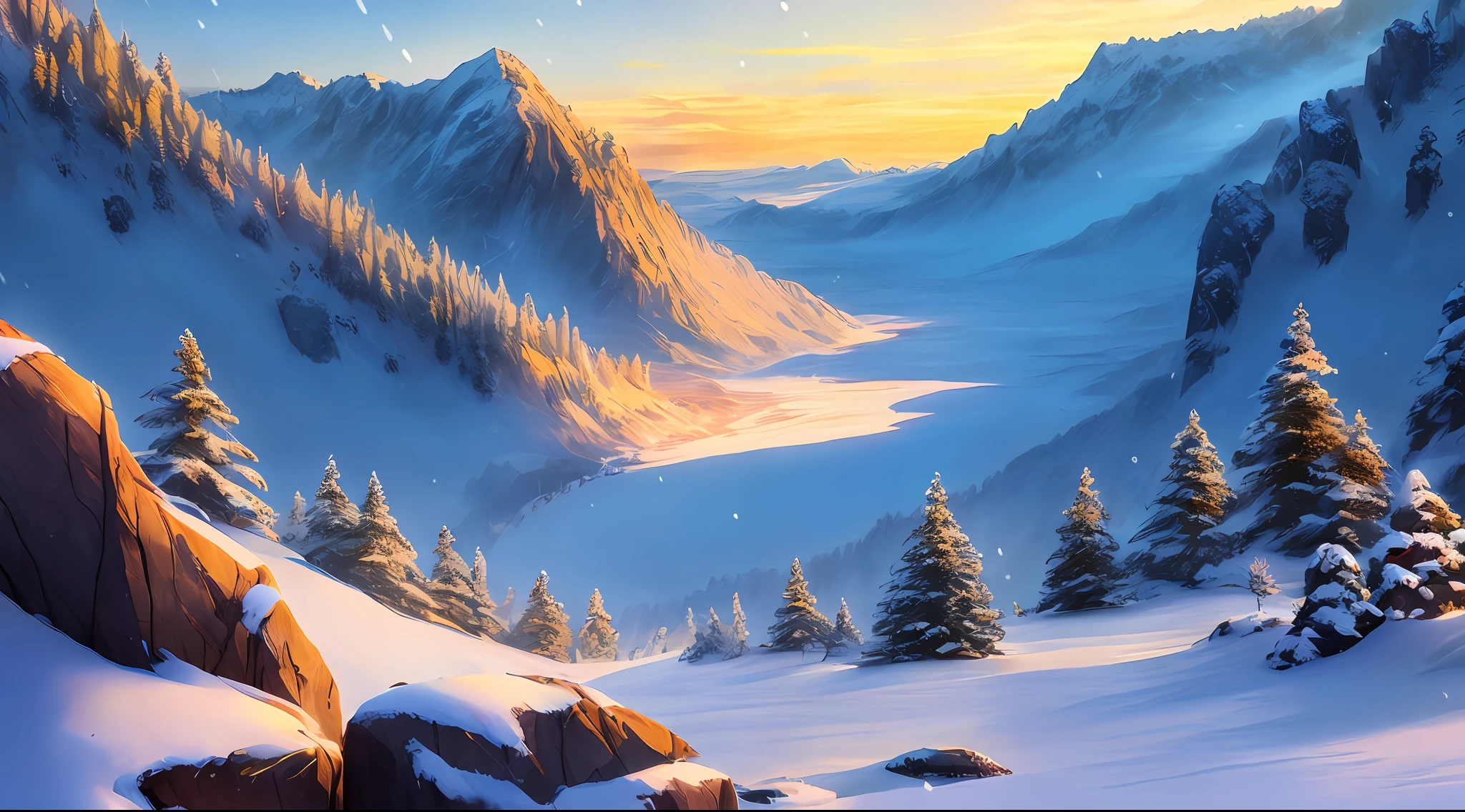professional high quality,majestic digital art of a picturesque nature of a
steep rocky walls gorge,bare tree and desert in
spring in the morning dawn, snowing blizzard weather,
dramatic lighting, 8k resolution, detailed, focus, mid range shot
environmental art photography,naturalism
by Bob Ross,by Michael James Smith
