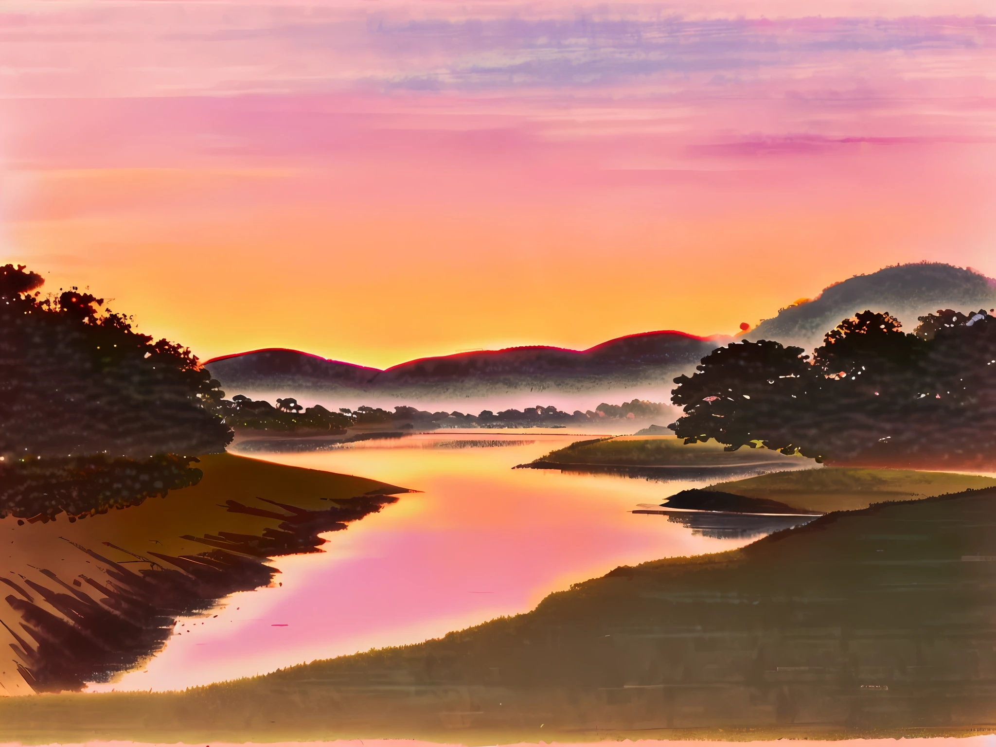 there is a bench sitting on the side of a river, Lake in the background, Morning River, late sunset, calm afternoon, calm evening, in the early morning, river in the background, late sunset, beautiful tranquil day, beautiful morning, sunsettime, during dawn, Sunset in background, With sunset, dusk sunset in background, day setting