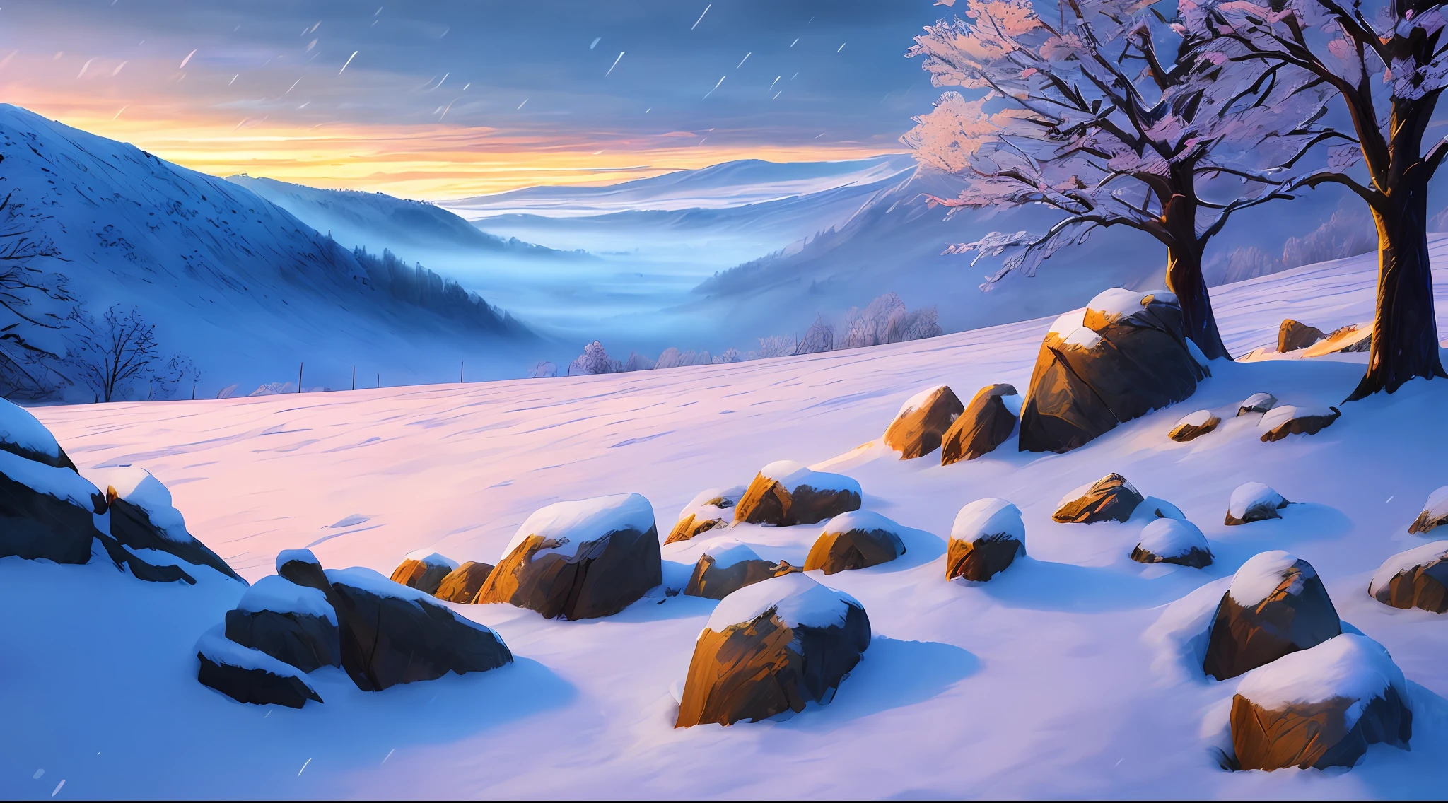 professional high quality,majestic digital art  of a picturesque nature of a
steep rocky walls gorge,bare tree and desert in
spring  in the morning dawn, snowing blizzard weather,
dramatic lighting, 8k resolution, detailed, focus, mid range shot
environmental art photography,naturalism
by Bob Ross,by Michael James Smith