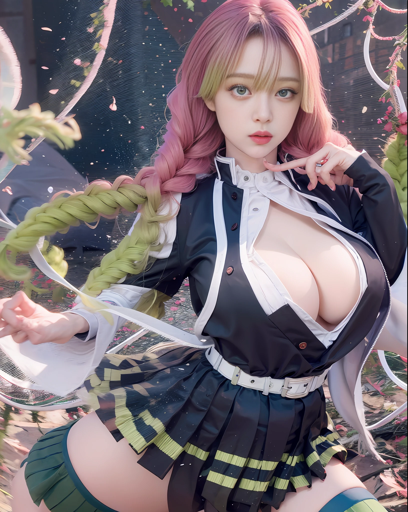(((masterpiece+best quality+high resolution+ultra-detailed))), mitsuri kanroji\(demon slayer\), long light pink hair that fades into a lime green color at the halfway point, high nose, sharp eyes, noble and inviolable temperament, (([female]: 1.2 + [beauty]: 1.2 + pink long hair: 1.2)), japanese minka background, dynamic angle and posture, pale green eyes with long eyelashes, she wears a heavily modified pink tinted version of the standard Demon Slayer uniform along with a plain white haori, the chest area of her uniform is left unbuttoned and she wears a short pleated skirt in place of the usual tattsuke-hakama pants, she wears a pair of navy blue thigh-high socks layered with the vertically striped lime-green socks.