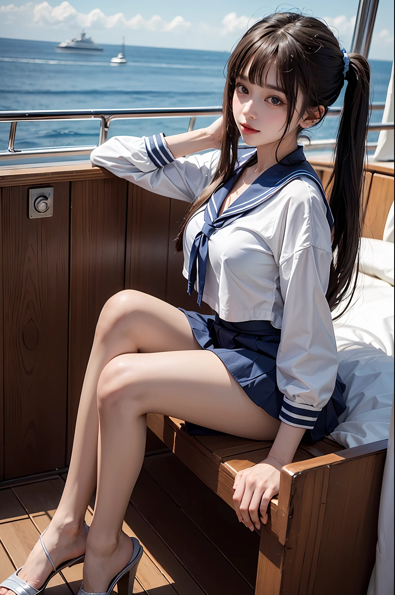 On the deck of a luxury cruise ship,mast,buoy,Pose for photos in loose blue and white sailor suits and short skirts,Slim girl model,24 years old female model,twintails,Unilateral bangs,