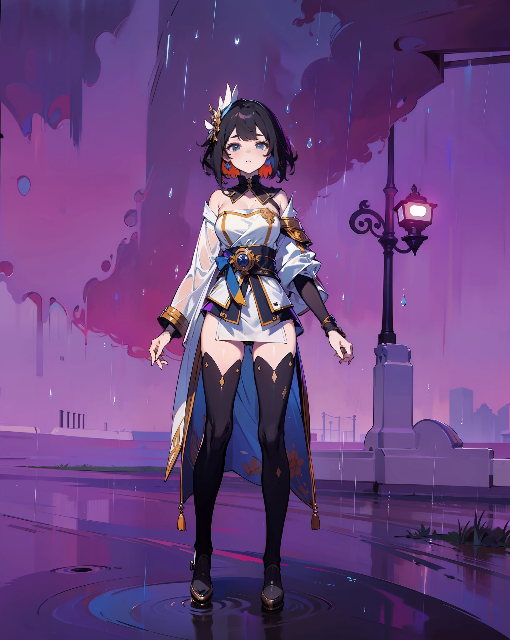 ((Best Quality, 8K, Masterpiece:1.3)), Focus: 1.2, Perfect Body Beauty: 1.4, Buttocks: 1.2, ((Layered Haircut, Breasts: 1.2)), (Wet Clothes: 1.1) , (Rain, Street:1.3), Bandeau Dress: 1.1, Highly Detailed Face and Skin Texture, Delicate Eyes, Double Eyelids, Whitened Skin, Long Hair