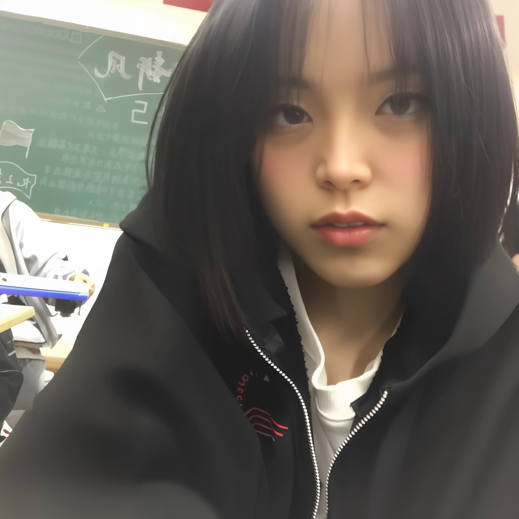 Asian woman with black hair and black jacket, xintong chen, chiho, wenfei ye, She has black hair，By bangs, Gemma Chen, xision wu, Zhang Wanting, black haired girl wearing hoodie, wenjun lin, Lin Qifeng, shikamimi, inspired by Ma Yuanyu, shaxi