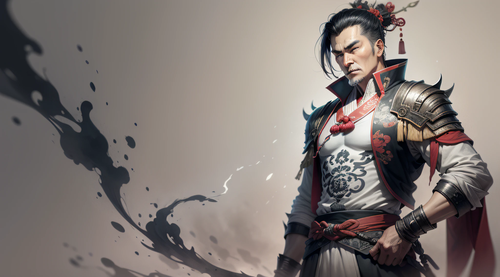 an ancient Chinese male，poets，Great writer，white backgrounid，Game character display，ink wash style