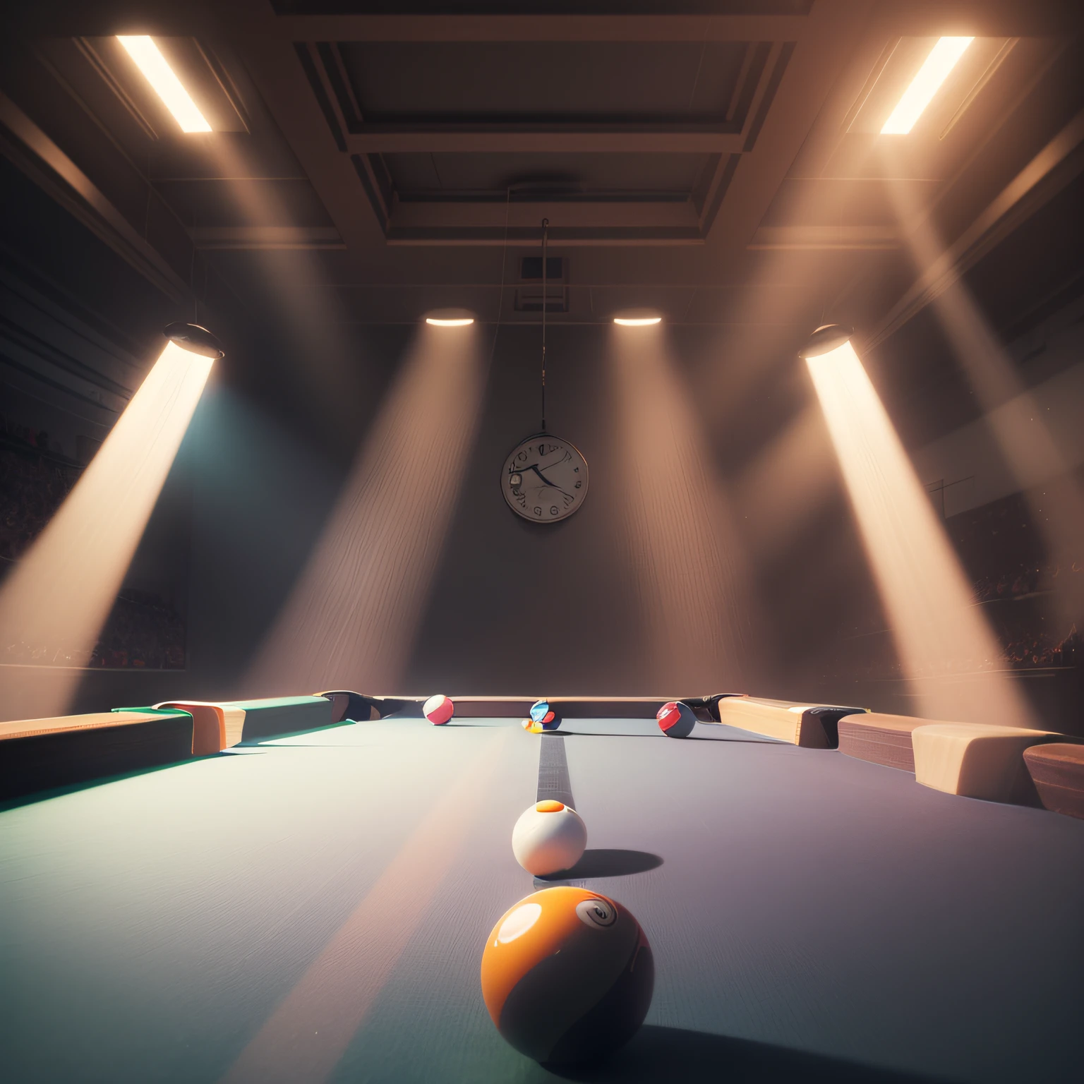 (llight rays:1.5, Brilliant), billiards, Cool App Banner, A ray of light shines on the arena, Soft light surrounds the billiards, Formula mode, The next action starts right away. --auto