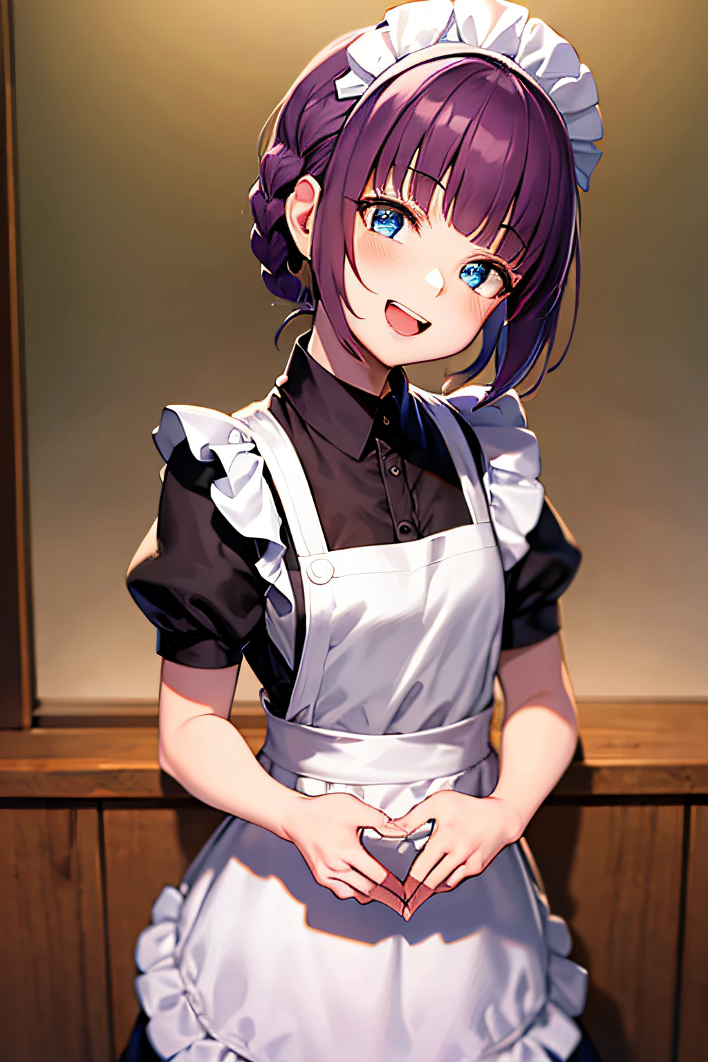 nanakusa nazuna, 1girll, :D, aprons, bangs, Black skirt, Blue eyes, Blunt bangs, Braid, Indoors, Head tilt, Heart, Light blush, view the viewer, maid, maid apronl, maid headdress, Open mouth, Purple hair, shirt, Short hair, SideBraid, Single braid, Skirt, Smile, Solo, teeth, Upper teeth only, White shirt,