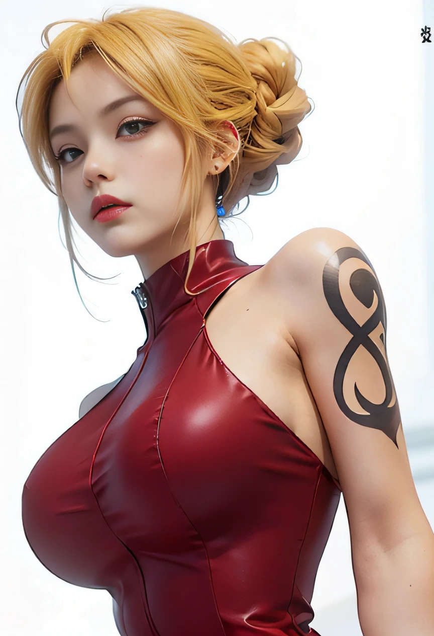 A woman with a tattoo on her arm and a red dress, nami from one piece, nami one piece, Nami, beautiful portrait of nami, from one piece, anime girl named lucy, erza scarlet as a real person, female anime character, Anime figure; Full-body art, yayoi kasuma, style of anime》, She has yellow hair