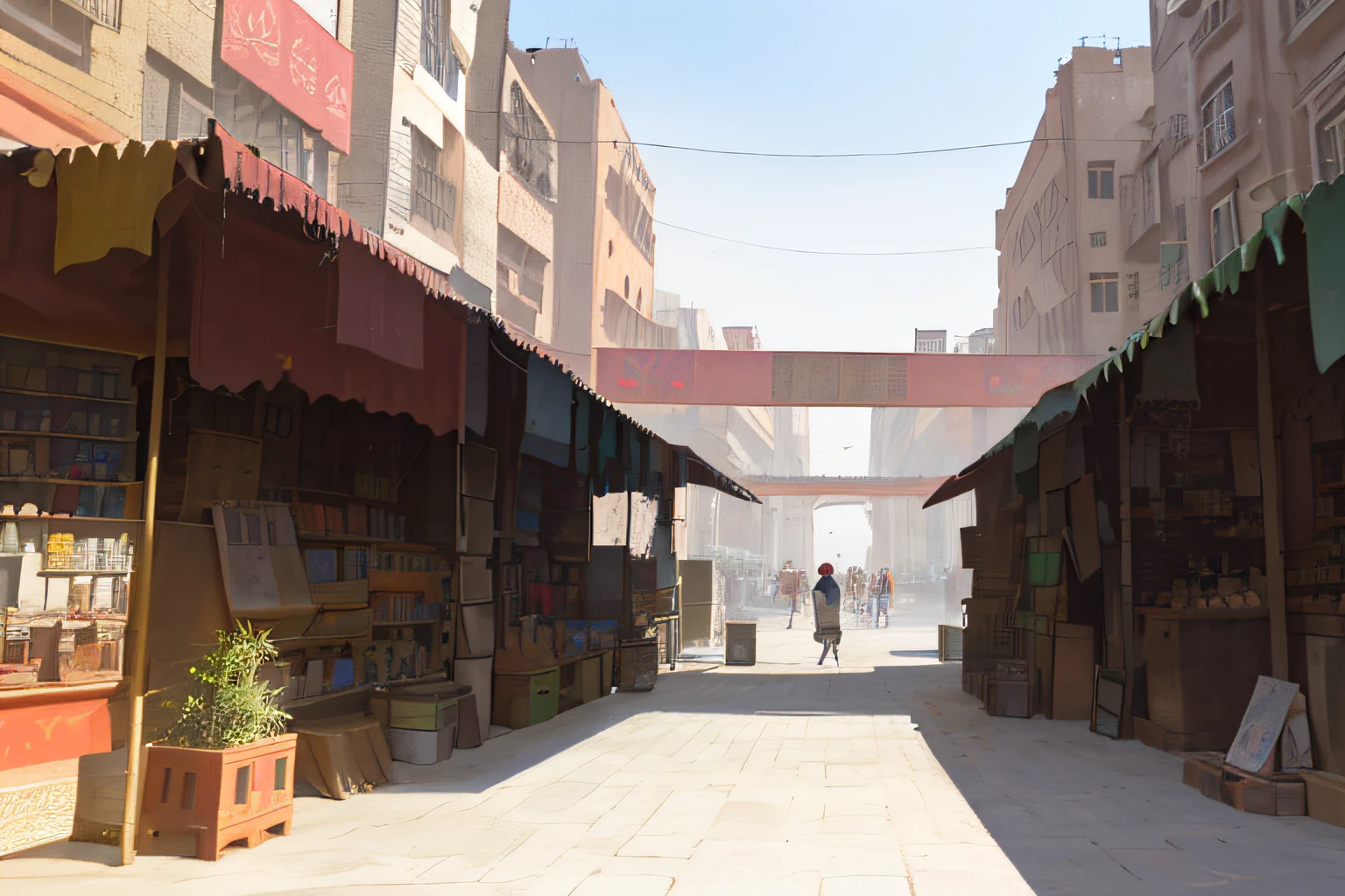 There is a street scene of a man sitting on a bench, Dusty environment, urban concept art, concept art for video games, Post-apocalyptic city streets, concept art scene, background is a slum, Dusty Street, Environment and concept art, Slum Street, Slums, ancient city streets behind her, Environmental painting, Stand on Township Street, Dystopian slums