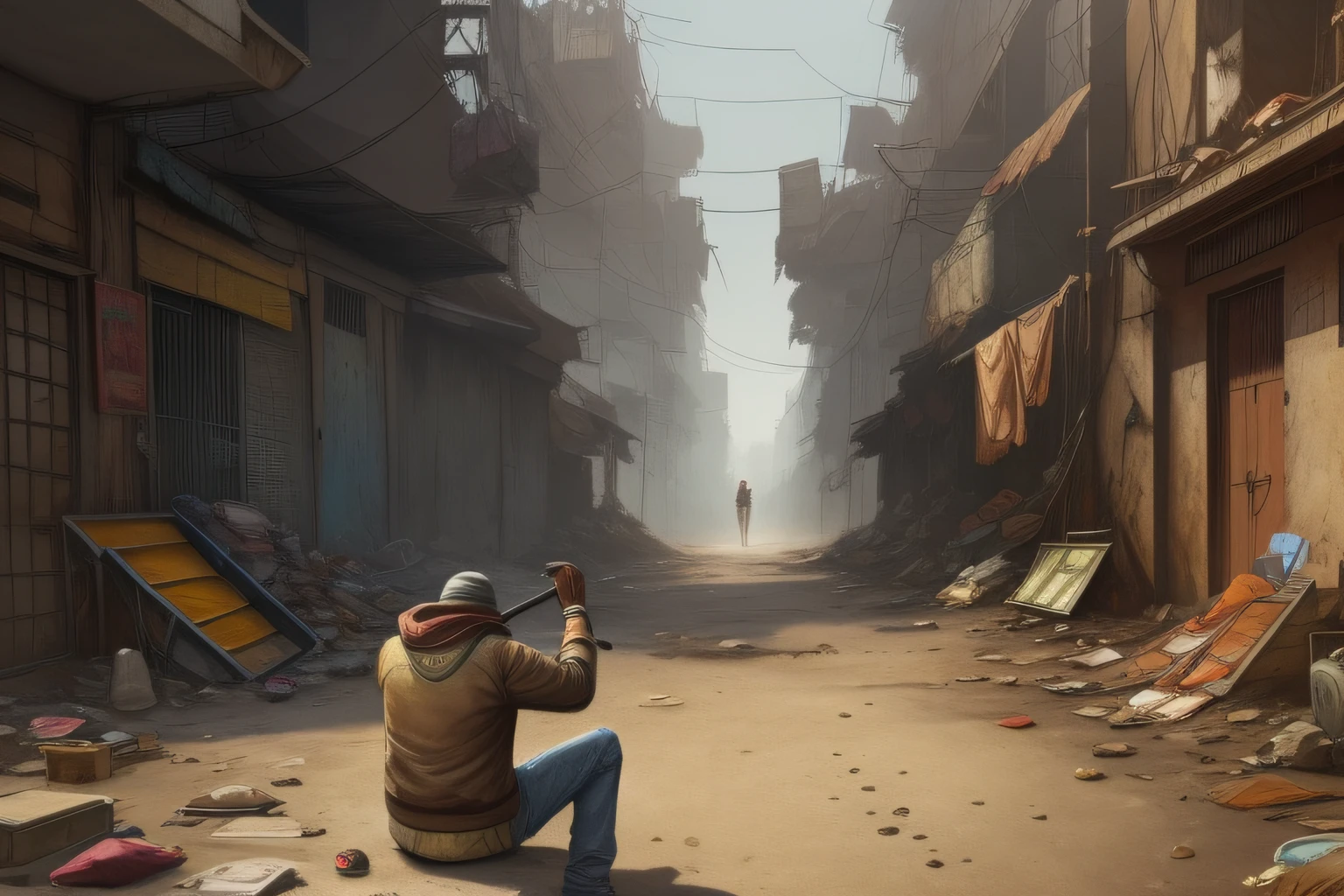 There is a street scene of a man sitting on a bench, Dusty environment, urban concept art, concept art for video games, Post-apocalyptic city streets, concept art scene, background is a slum, Dusty Street, Environment and concept art, Slum Street, Slums, ancient city streets behind her, Environmental painting, Stand on Township Street, Dystopian slums