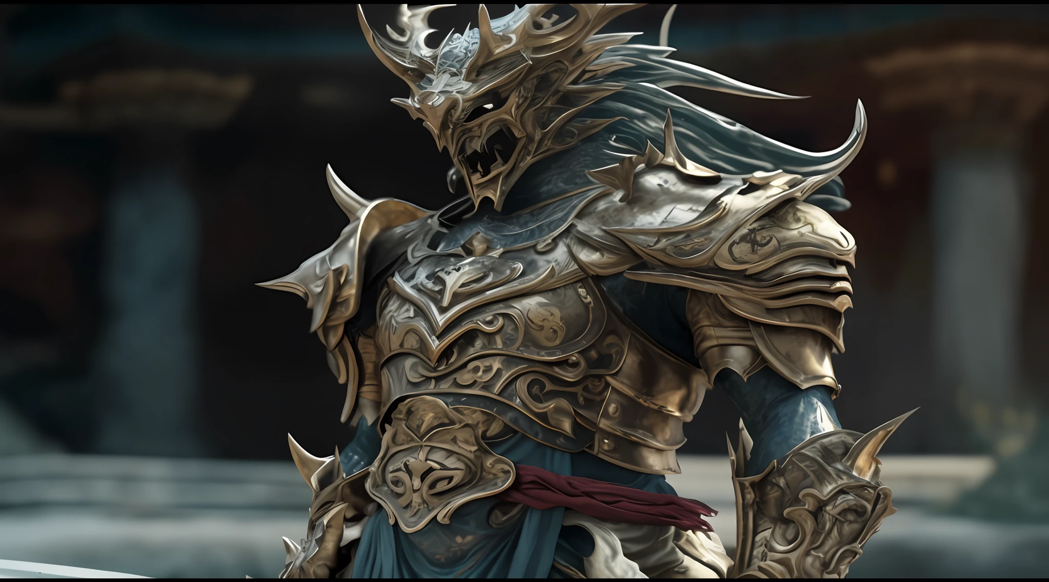a close up of a statue of a man holding a sword, dragon ancient full plate armor, Intricate armor details, intricate ornate anime cgi style, photogenic details on armor, unreal engine render saint seiya, dragon inspired armor, Guan yu, fantasy inspired dragon armor, 4 K detail fantasy, Detailed fantasy armor, full traditional chinese armor, fantasy style 8 k octane render
