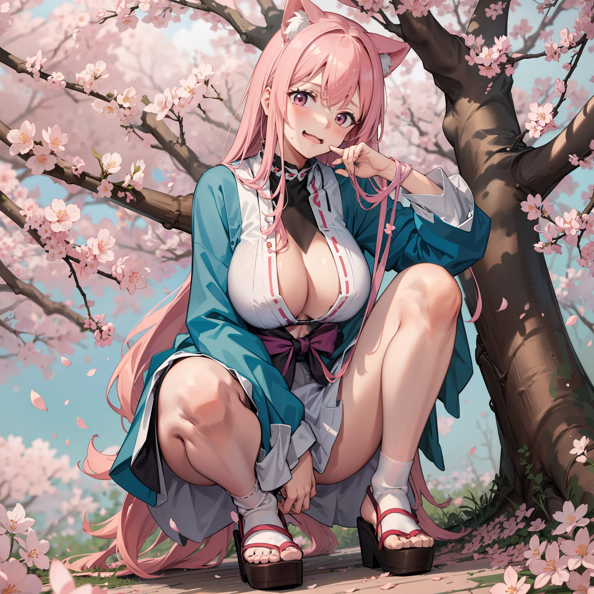 female high-school student，shrine maiden clothe，Long legs，A pink-haired，half squatting ，Cherry blossoms in the background，clogs，Bare chest，hyper HD，Highest high resolution，huge tit，white short socks，Hands tied to cherry blossom trees with ropes，The mouth is gagged