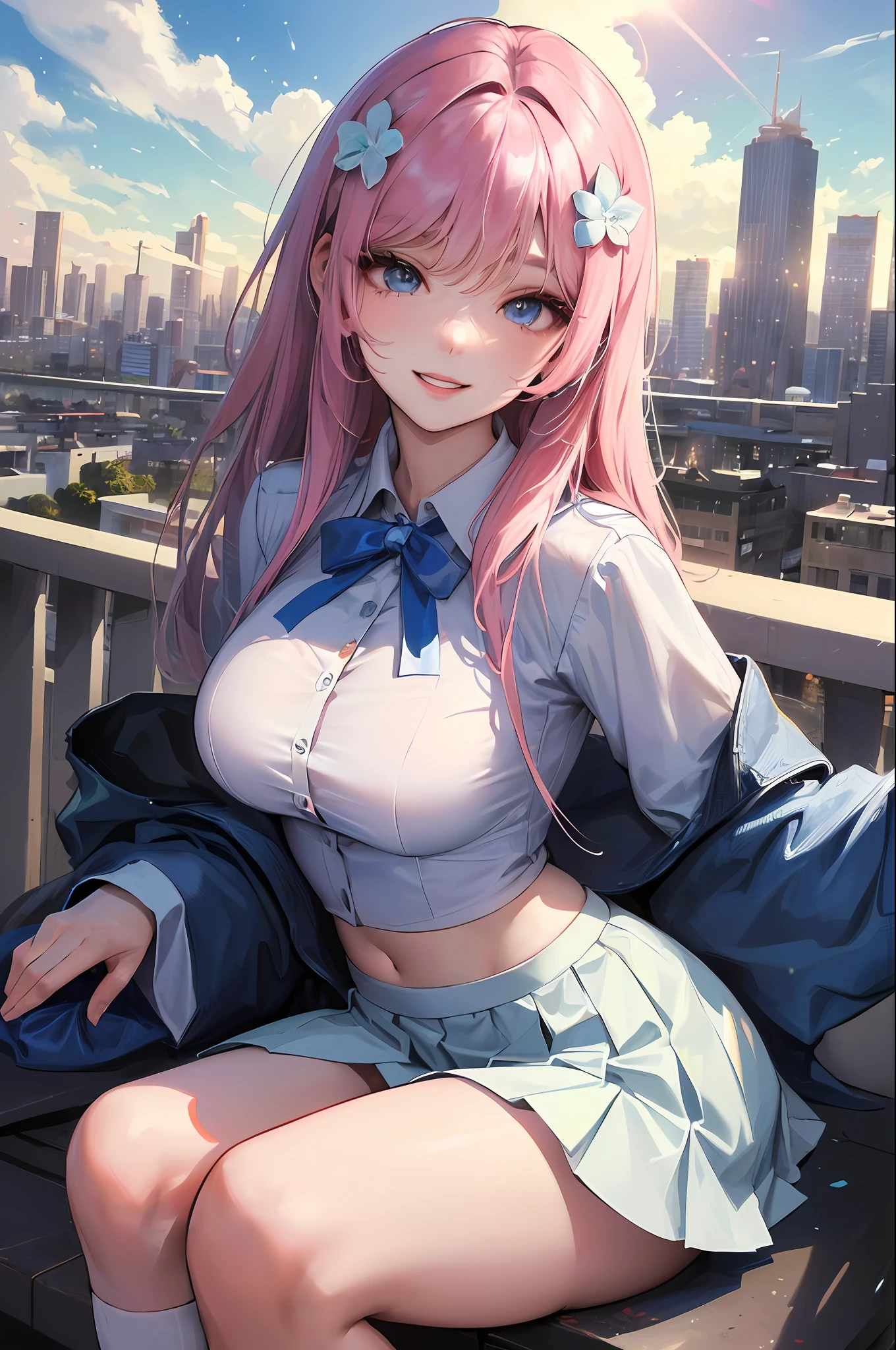official art, masterpiece, sharp focus, (beautiful gorgeous cute Korean woman:1.3), (beautiful cute korean:1.3), korean beauty, Delicate and beautiful hair and eyes and face, realistic, ultra detailed, beautiful girl, blue sky, glow white particle, (sidelighting:1.2), sun light, white cloud, detailed clouds, slender, Lovely very large breasts and very large hips, smile with teeth, ((smile with eyes, open both eyes)), scenery, long straight hair, sexy facial expression, building, (cityscape:1.7), dynamic hair, long straight hair, detailed platinum pink hair, glow blue eyes, (blue pleated shirts + white skirt), white long socks, pale skin, hair ornament, epic scenery,