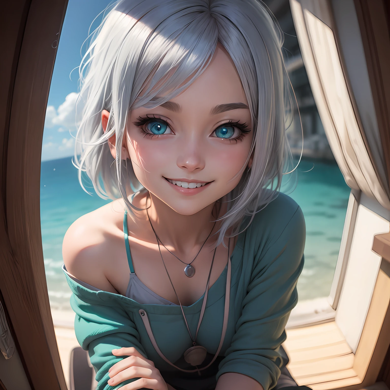 silver hair, hair over shoulder, aqua eyes, pupils sparkling, grin, light smile, drop shadow, anaglyph, stereogram, tachi-e, pov, atmospheric perspective, anime style, 8k, super detail, ccurate, best quality --auto