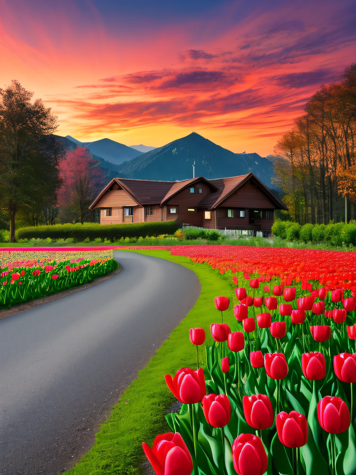 Red tulips all over the ground,Again chalet in the distance,Red as the sky,Red red clouds,A small road,HD 4K pictures
